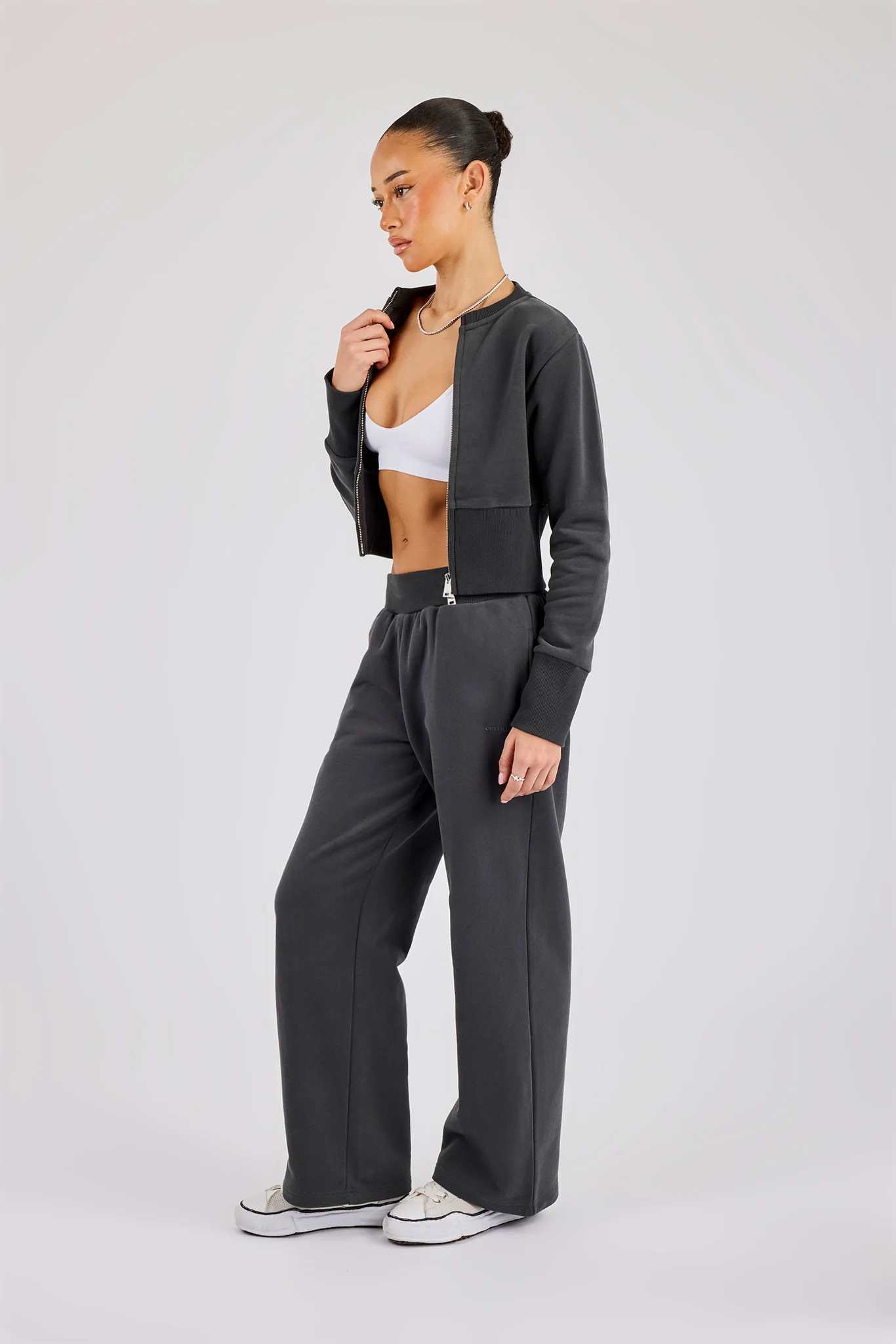 Fitted Rib Zip Through Sweat - Charcoal - Image 4