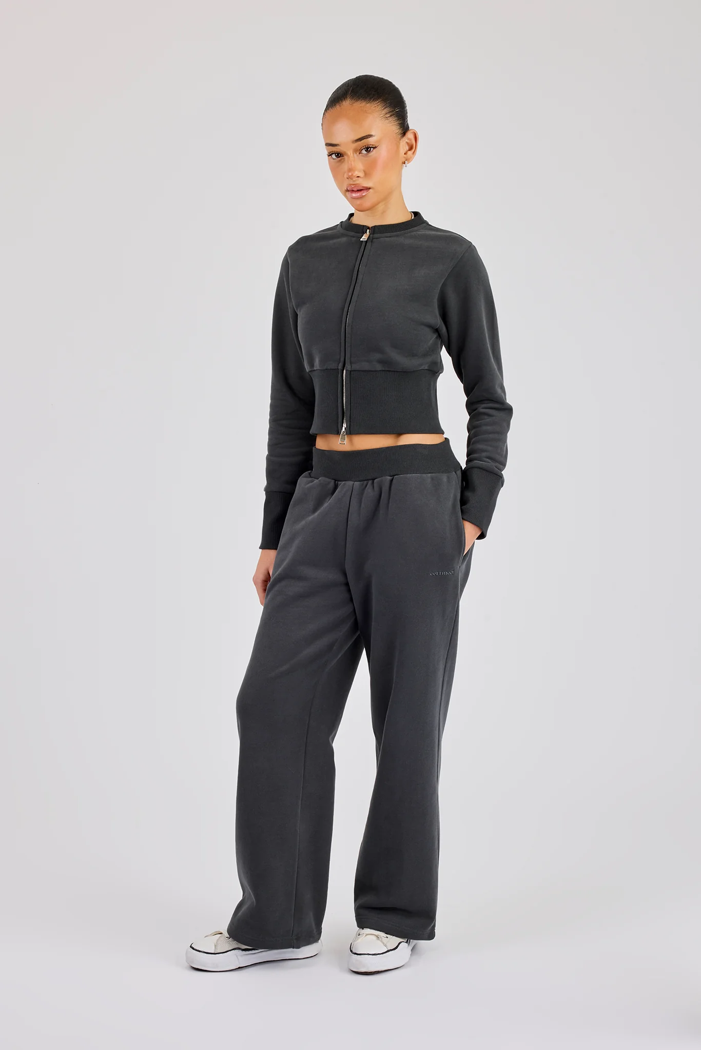 Fitted Rib Zip Through Sweat & Wide Leg Jogger - Charcoal - Image 4