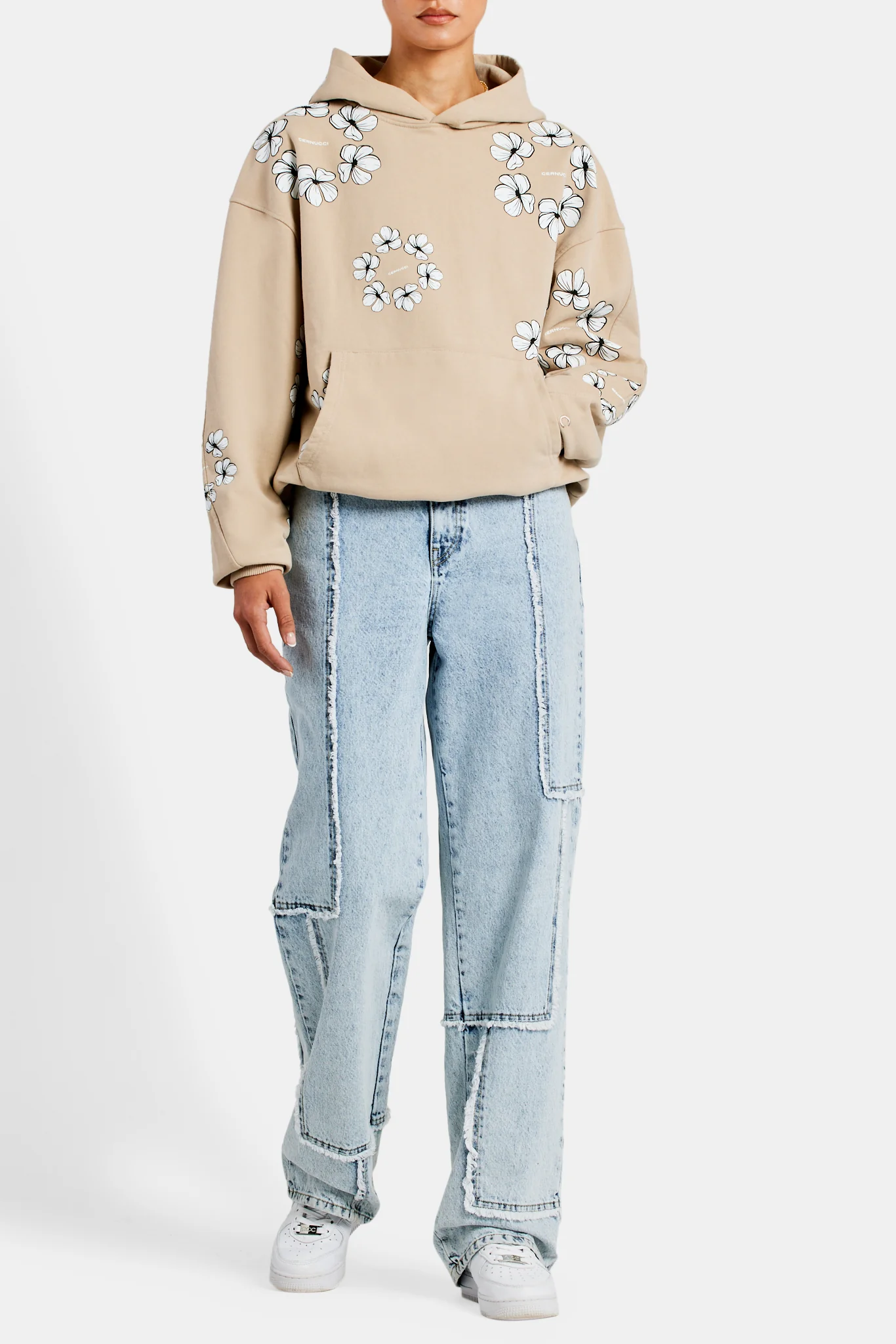 Floral Print Oversized Hoodie - Beige - Image 2