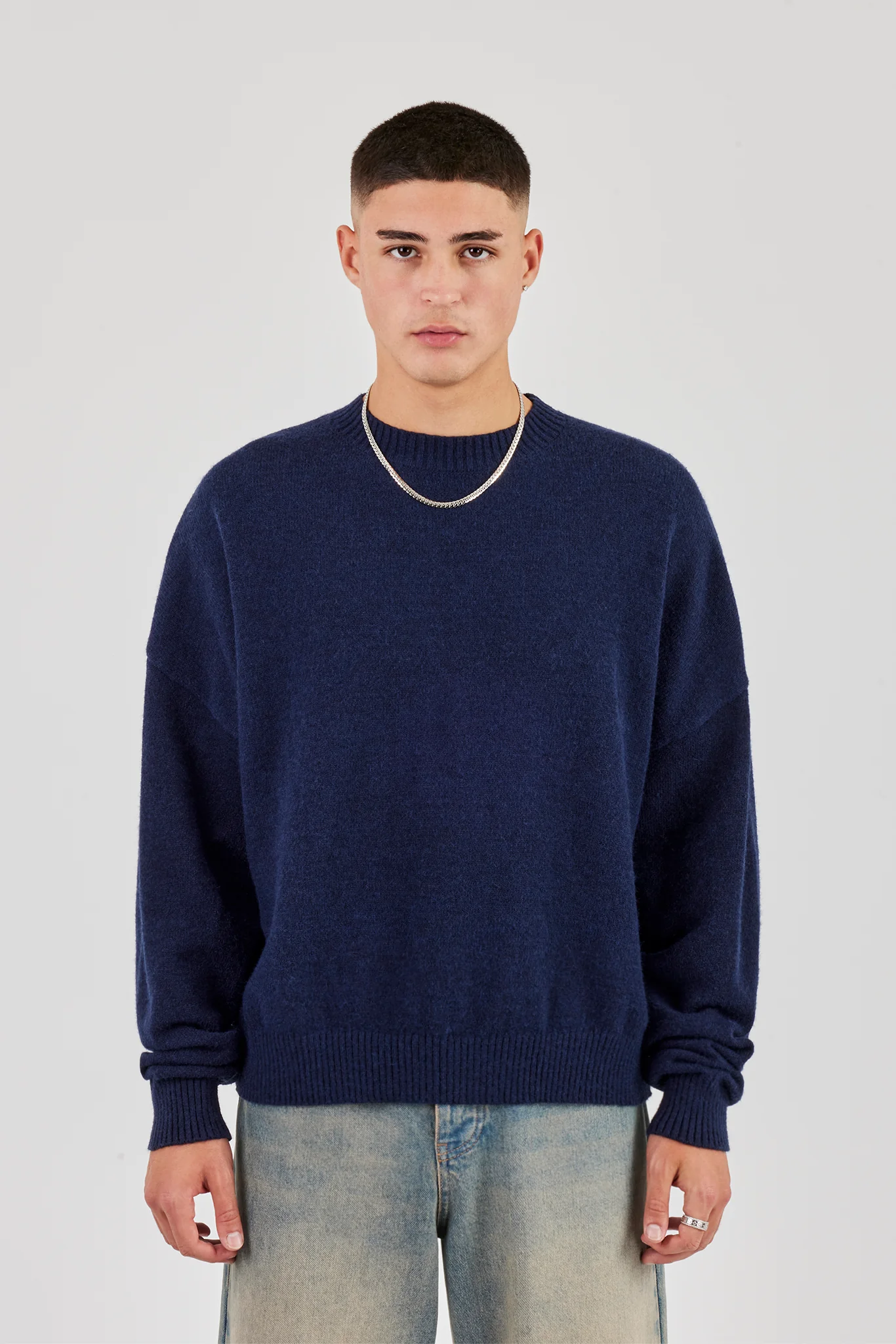 Fluffy Cernucci Intarsia Knitted Sweater - Navy Blue - Image 4