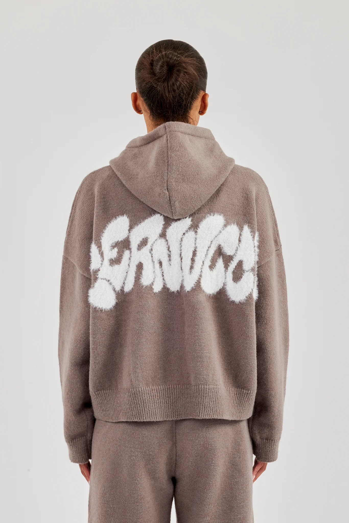 Fluffy Intarsia Boxy Hoodie - Taupe - Image 3