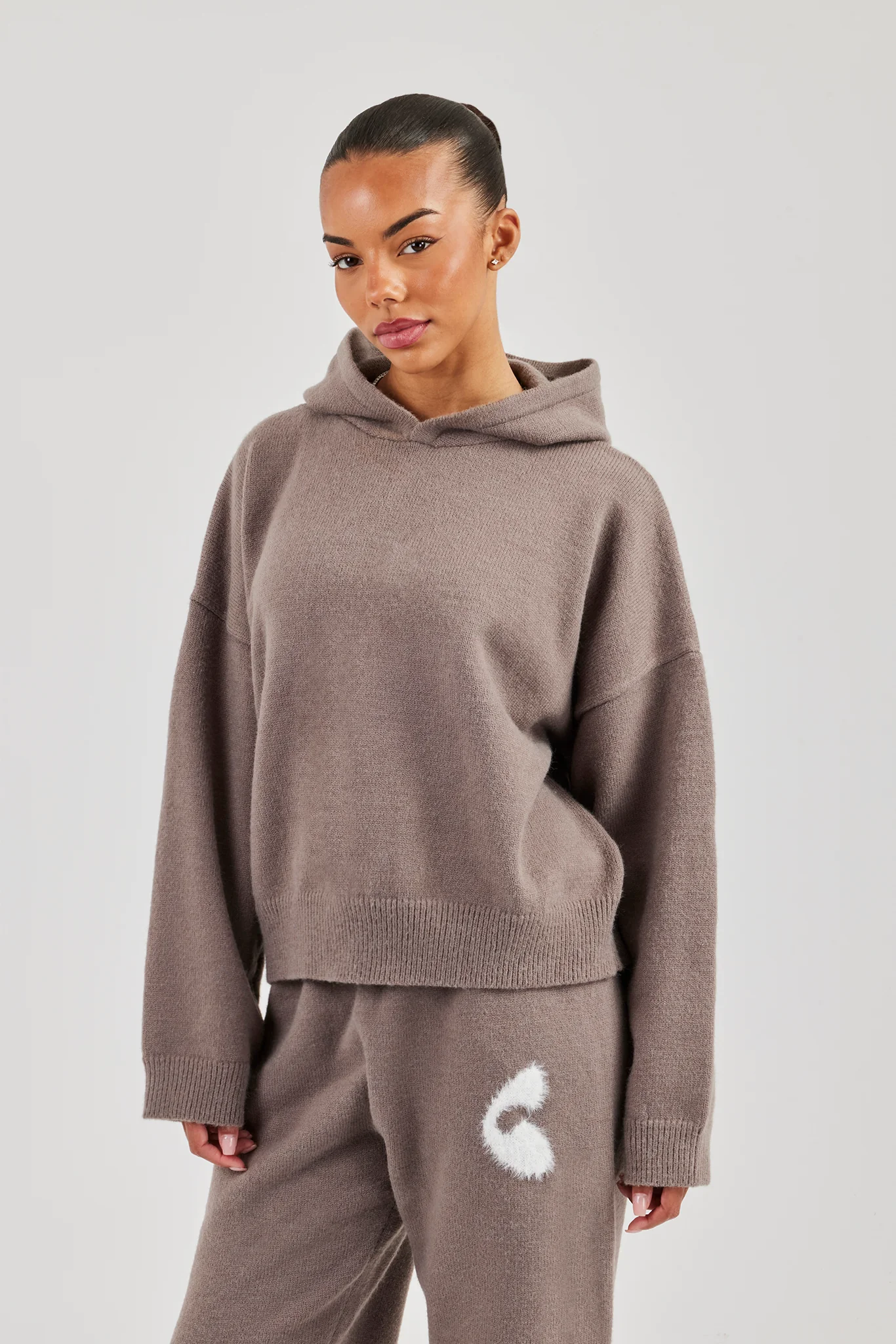 Fluffy Intarsia Boxy Hoodie - Taupe - Image 4