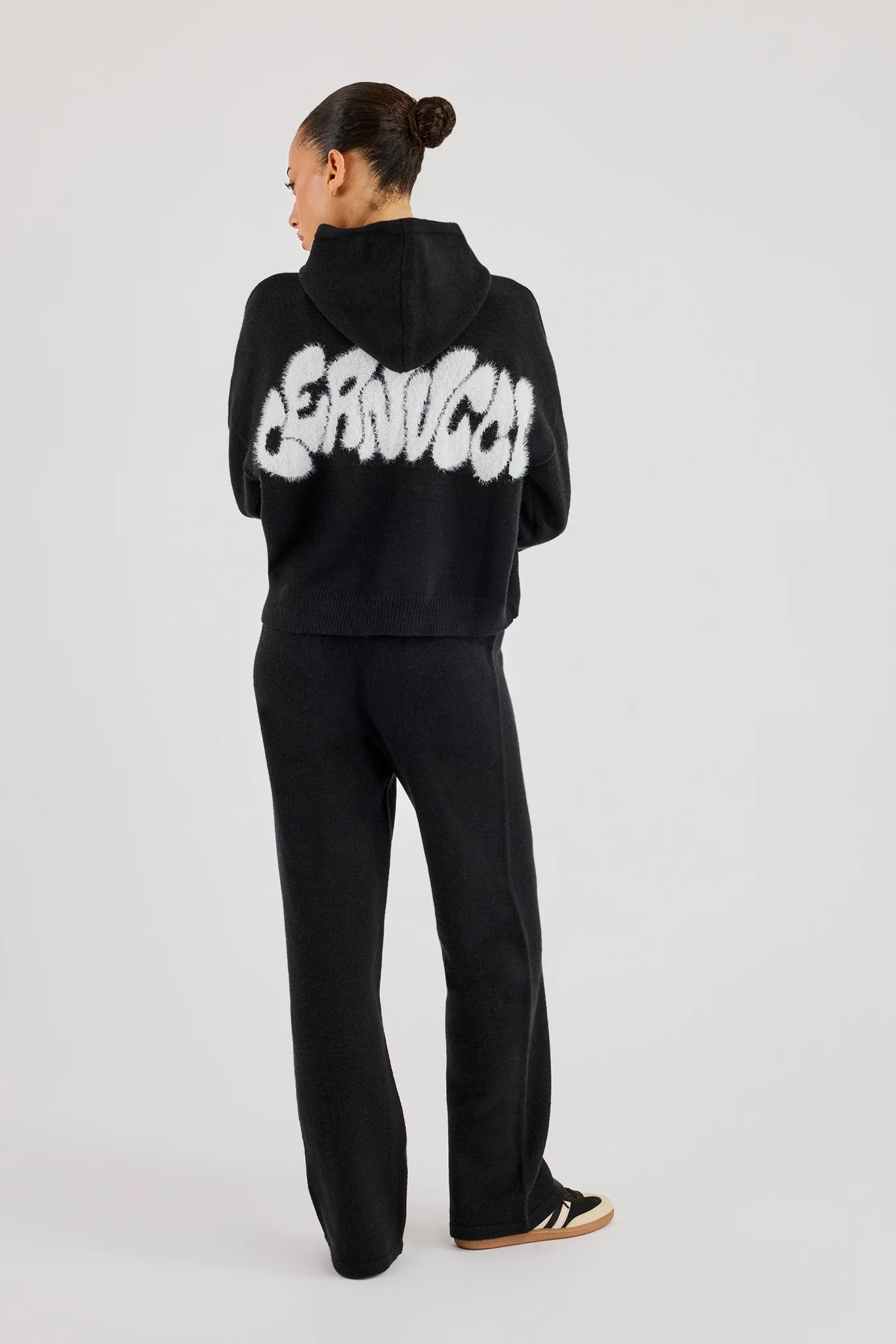 Fluffy Intarsia Boxy Hoodie & Wide Leg Jogger - Black