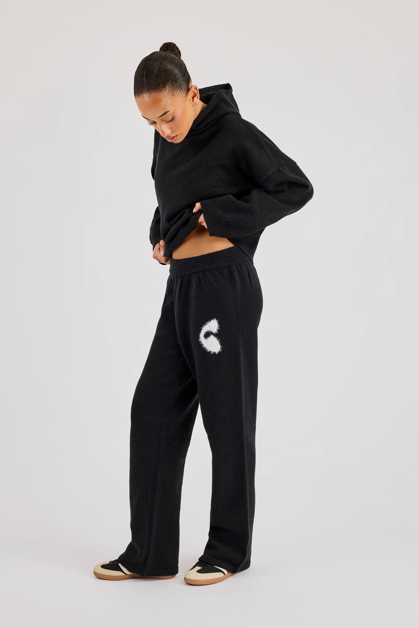 Fluffy Intarsia Boxy Hoodie & Wide Leg Jogger - Black - Image 2