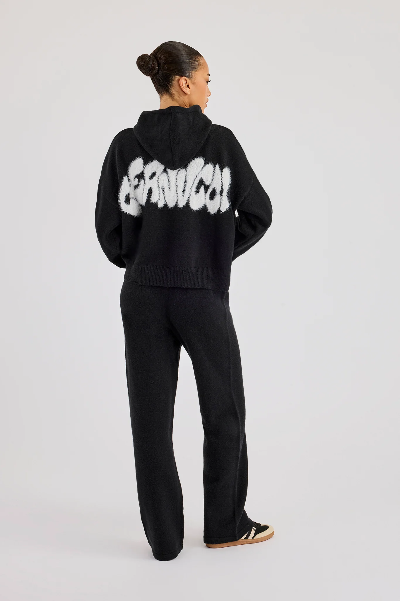 Fluffy Intarsia Boxy Hoodie & Wide Leg Jogger - Black - Image 3