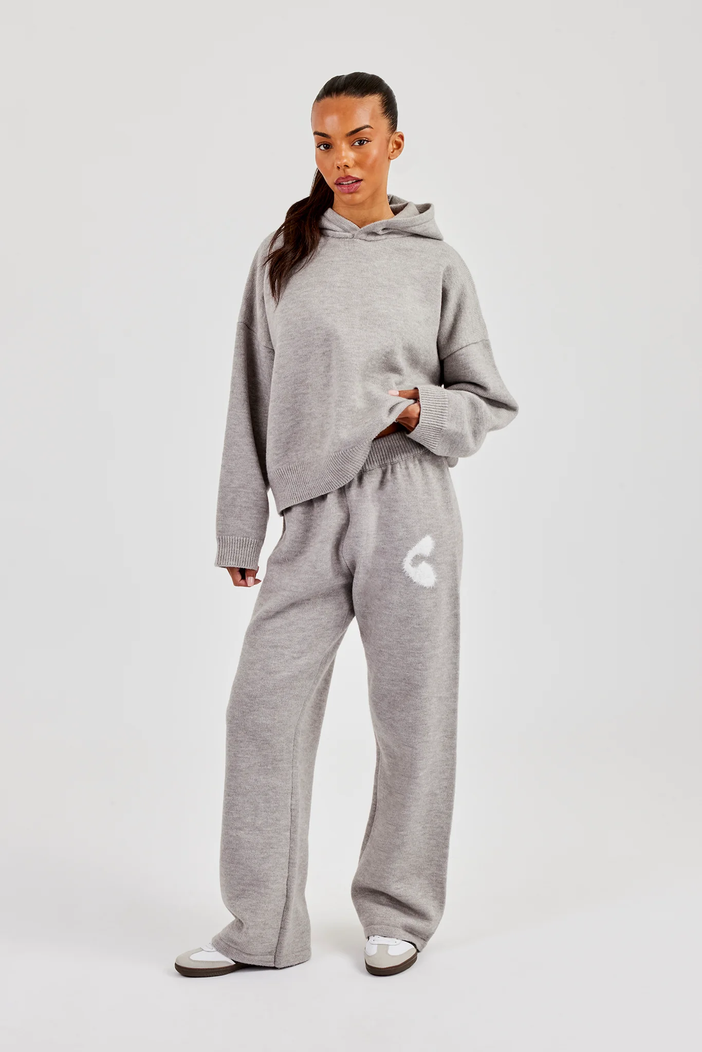 Fluffy Intarsia Boxy Hoodie & Wide Leg Jogger - Grey - Image 3
