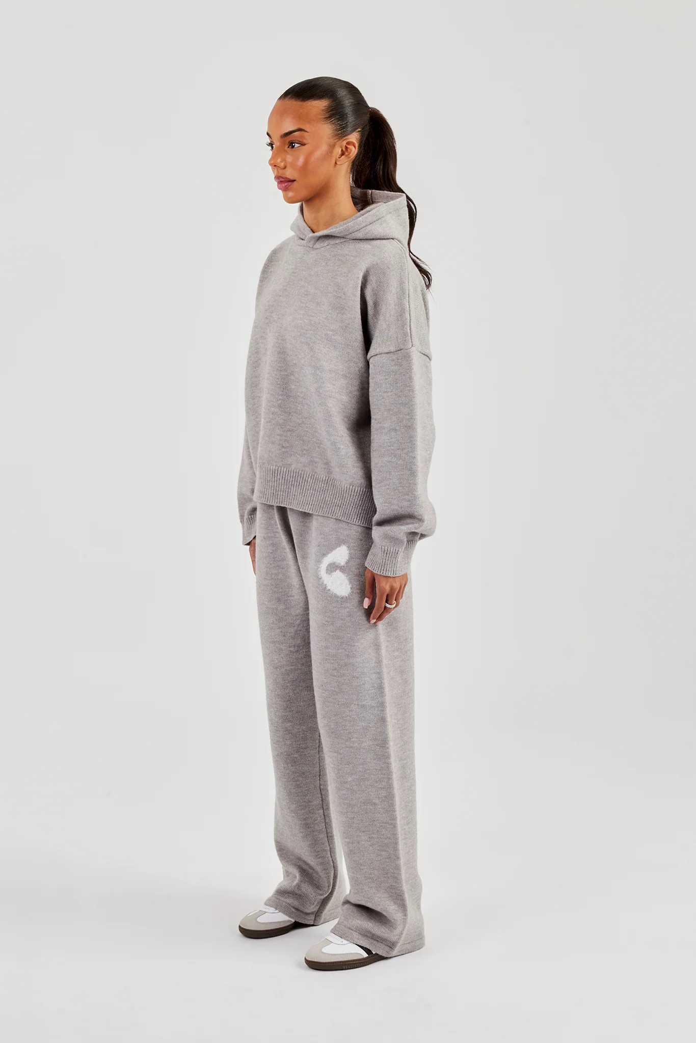 Fluffy Intarsia Boxy Hoodie & Wide Leg Jogger - Grey - Image 4