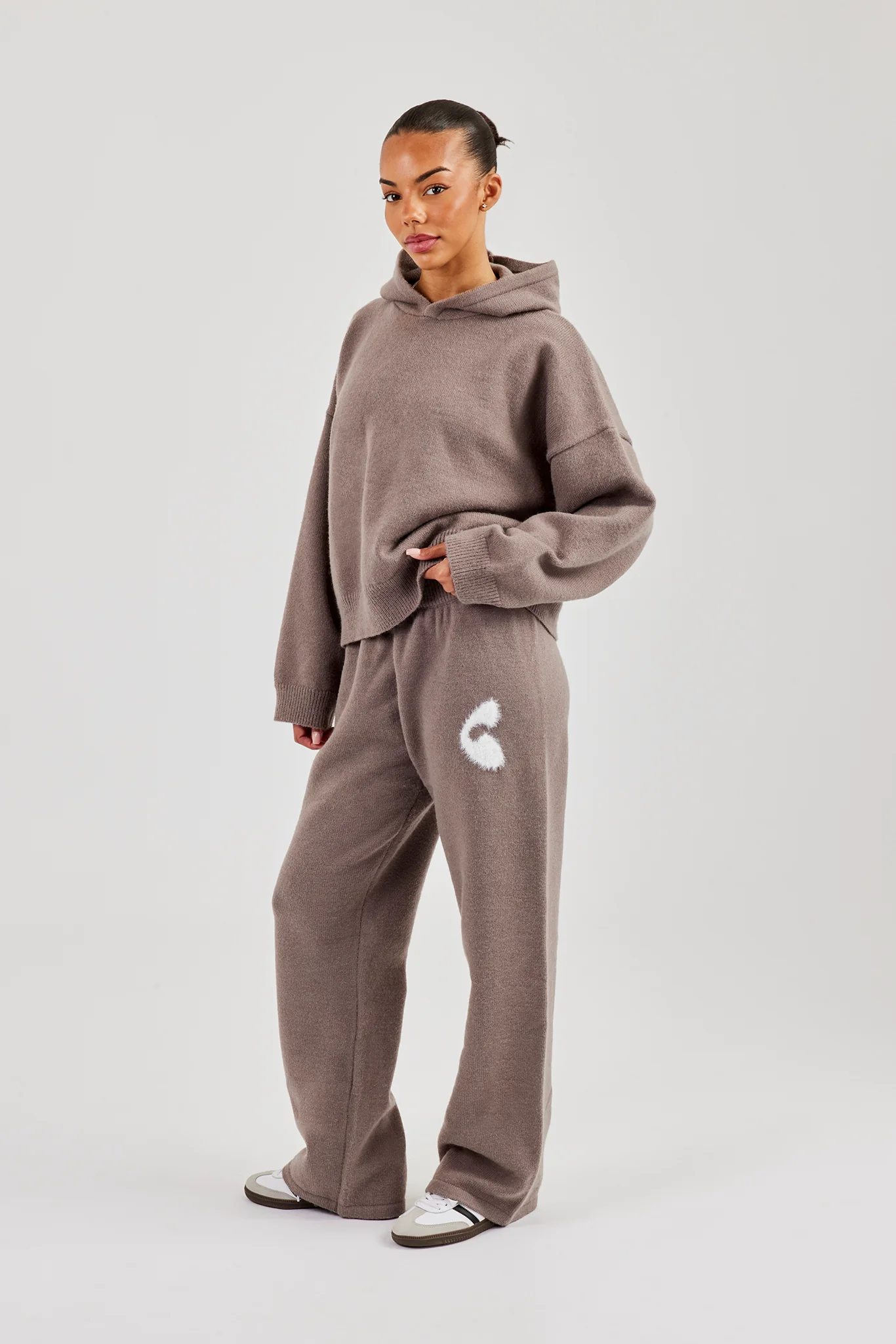 Fluffy Intarsia Boxy Hoodie & Wide Leg Jogger - Taupe - Image 3