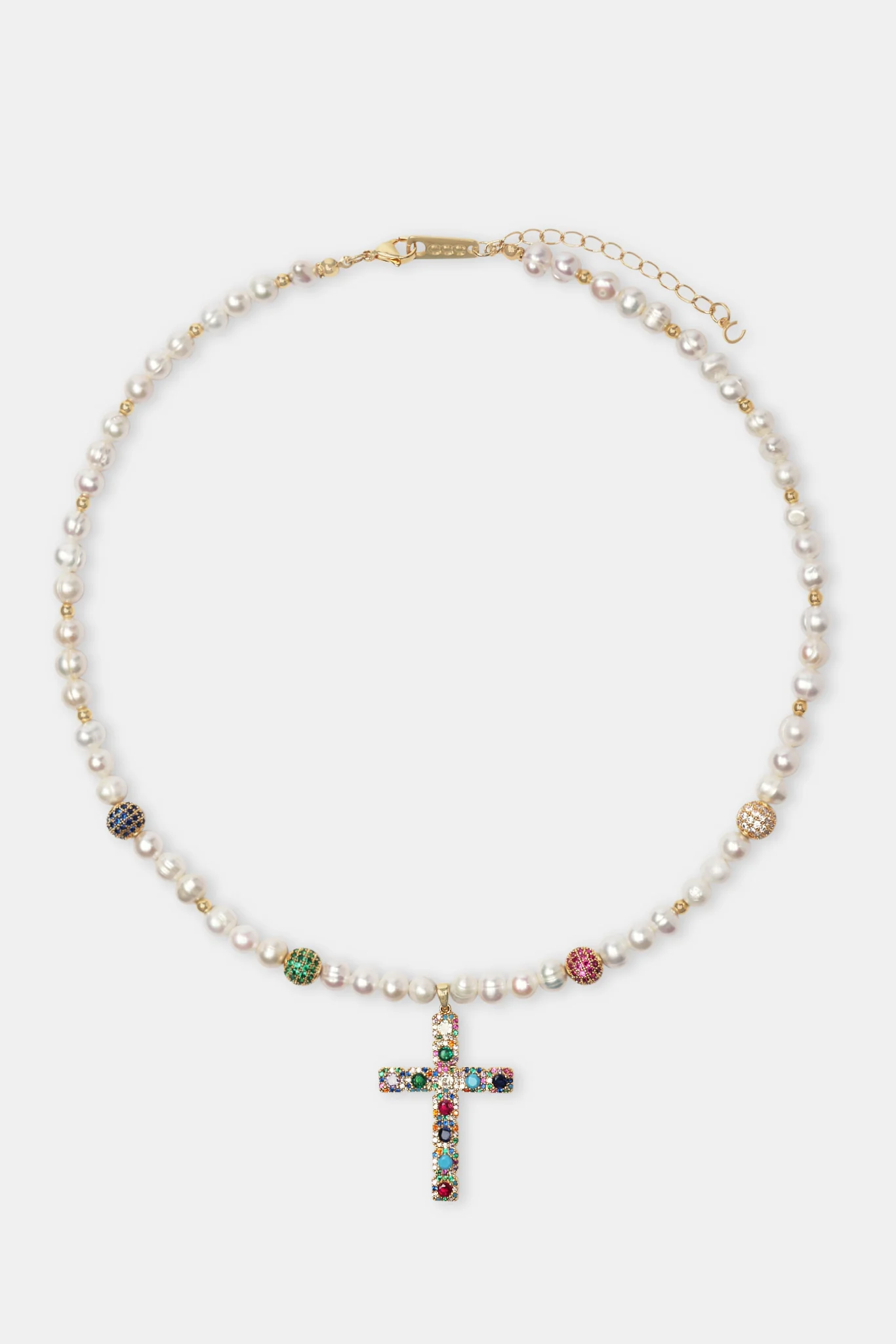 Freshwater Pearl & Multi Colour Ice Ball Cross Necklace - Gold - Image 3