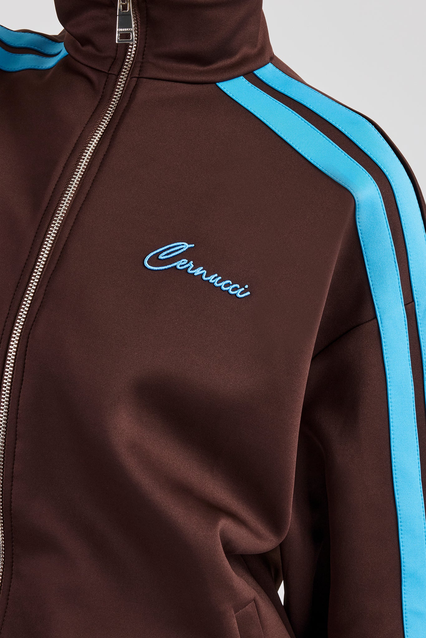 Funnel Neck Blue Taping Zip Through Track Jacket - Chocolate - Image 2
