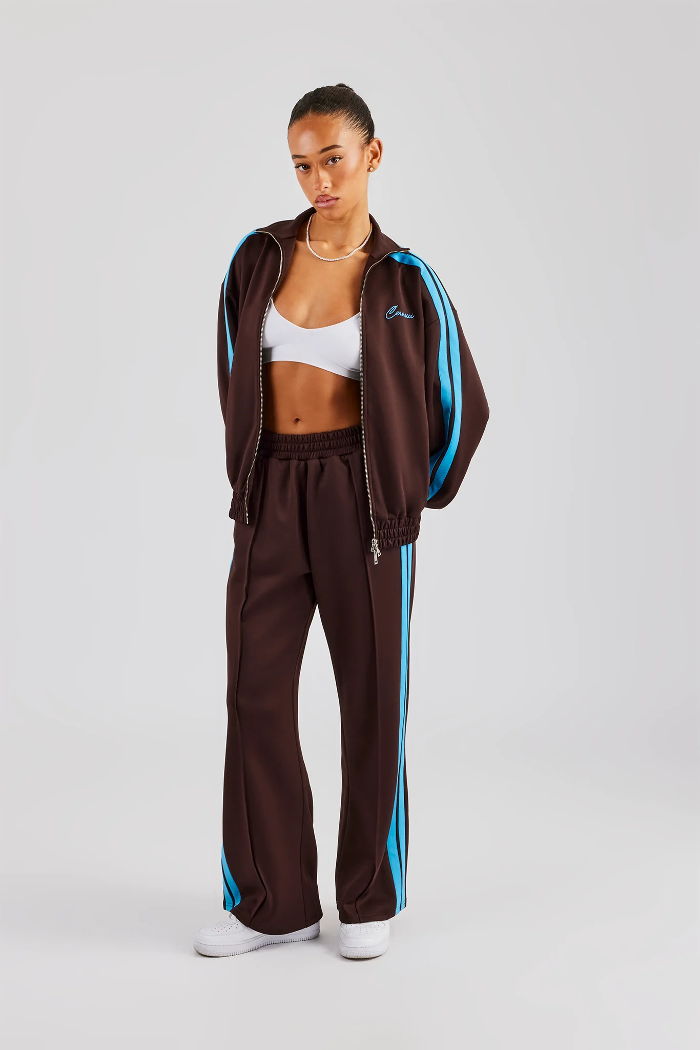 Funnel Neck Blue Taping Zip Through Tracksuit - Chocolate - Image 2