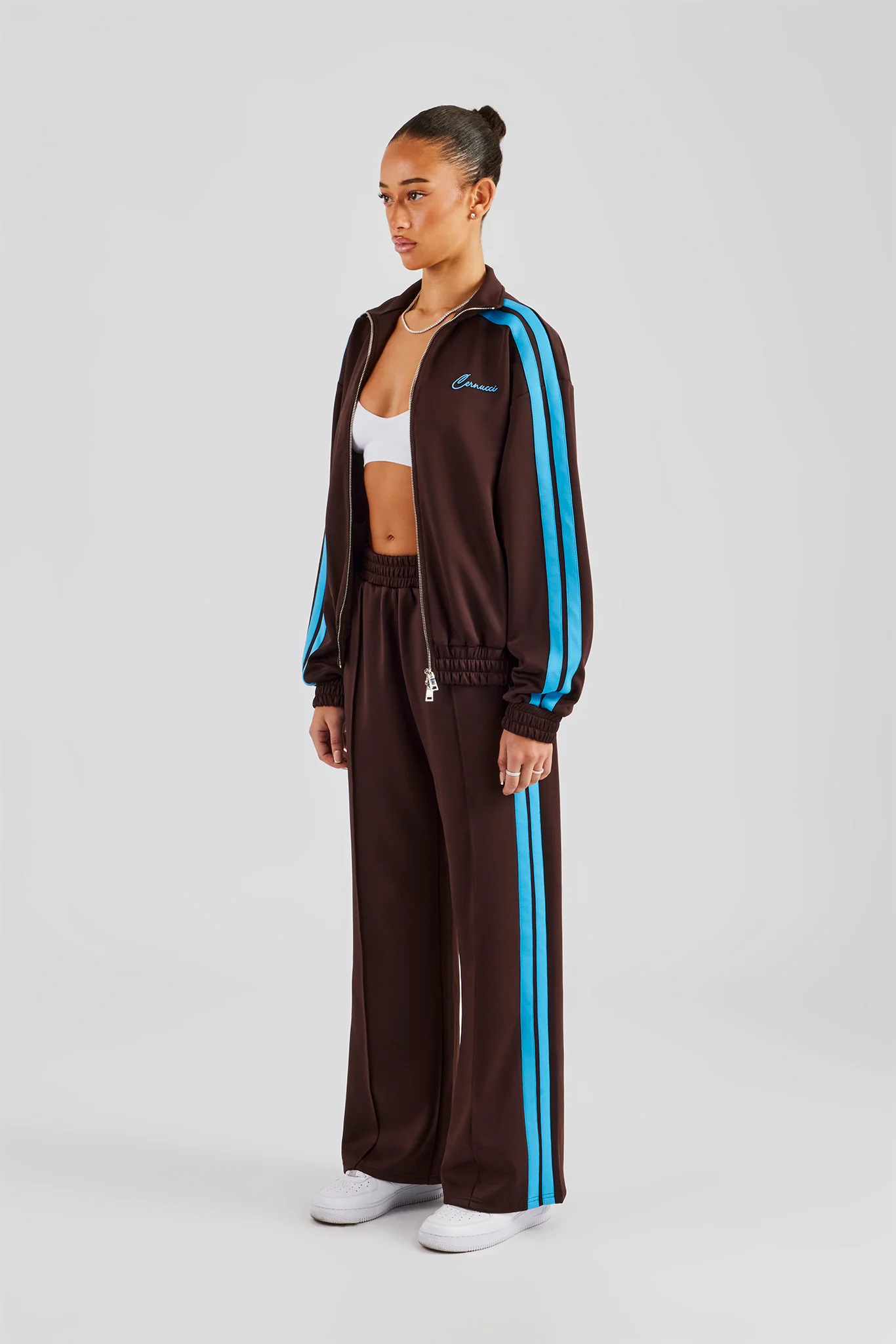 Funnel Neck Blue Taping Zip Through Tracksuit - Chocolate - Image 8
