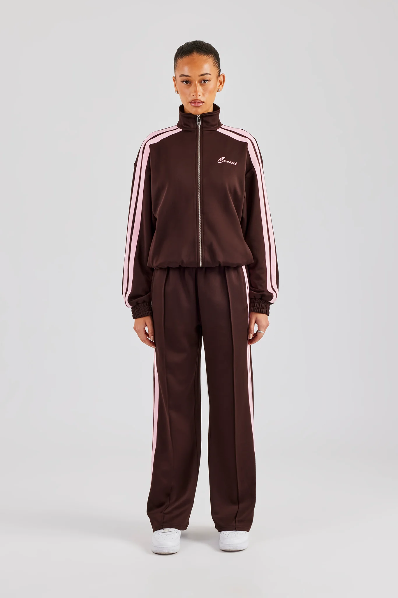 Funnel Neck Pink Taping Zip Through Tracksuit - Chocolate - Image 4