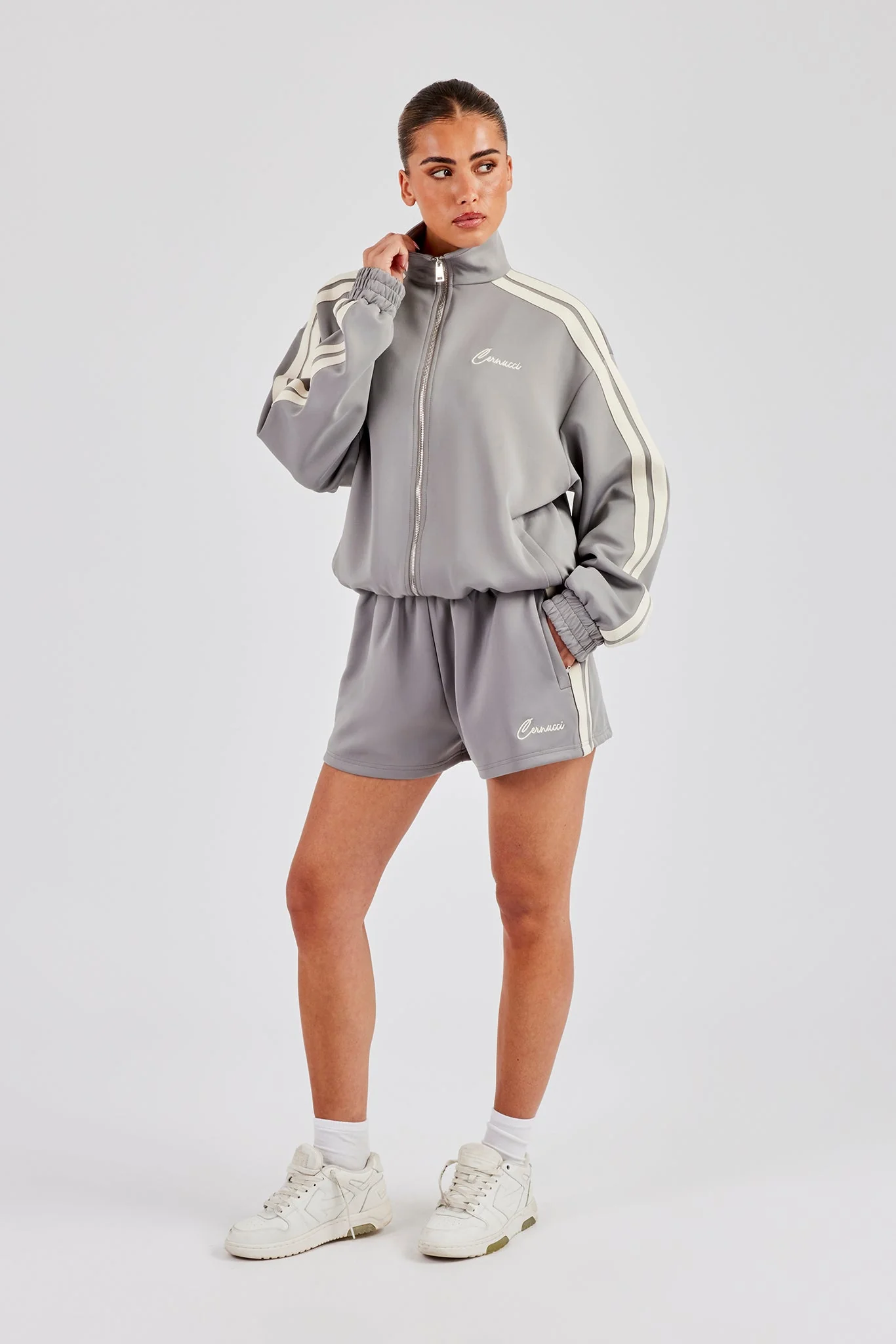 Funnel Neck Taping Jacket & Shorts - Grey - Image 7