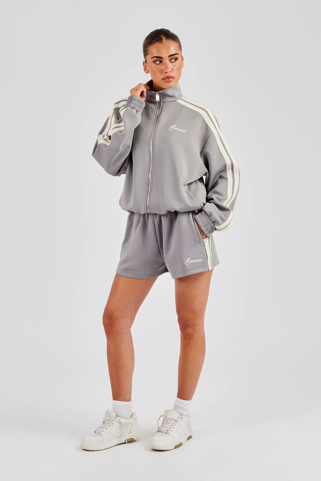 Funnel Neck Taping Jacket & Shorts - Grey - Image 8