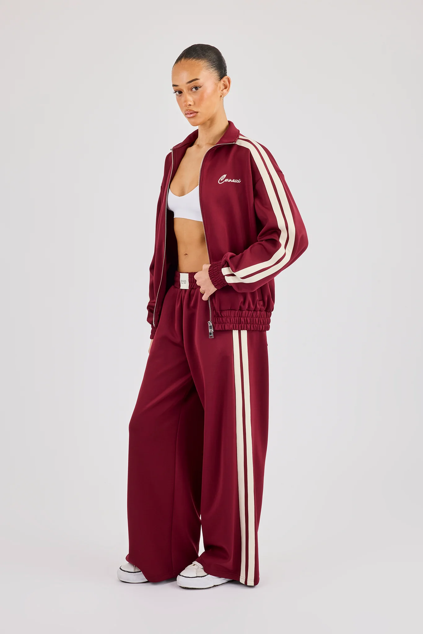 Funnel Neck Taping Track Jacket & Super Baggy Taping Pant - Burgundy - Image 2