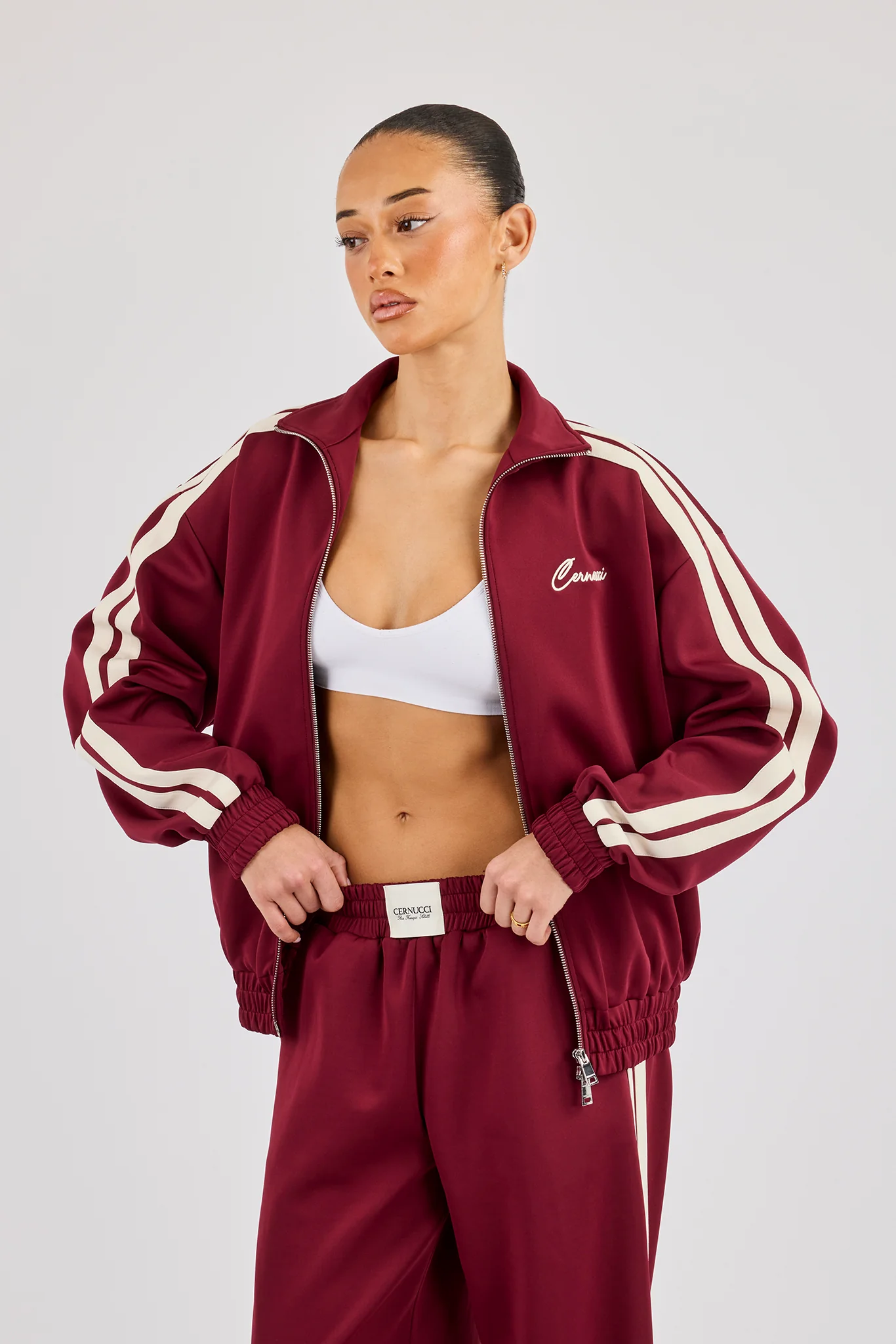 Funnel Neck Taping Track Jacket & Super Baggy Taping Pant - Burgundy - Image 4