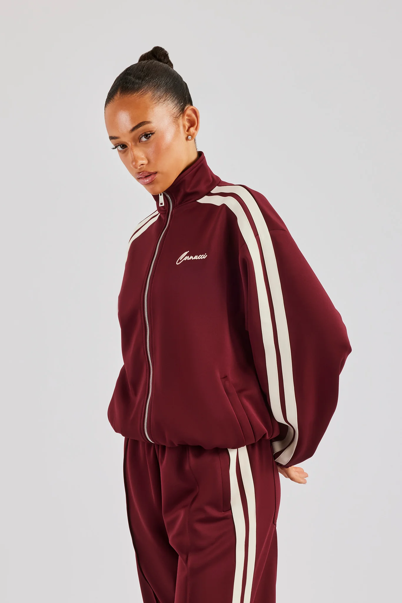 Funnel Neck Taping Zip Through Track Jacket - Burgundy - Image 2
