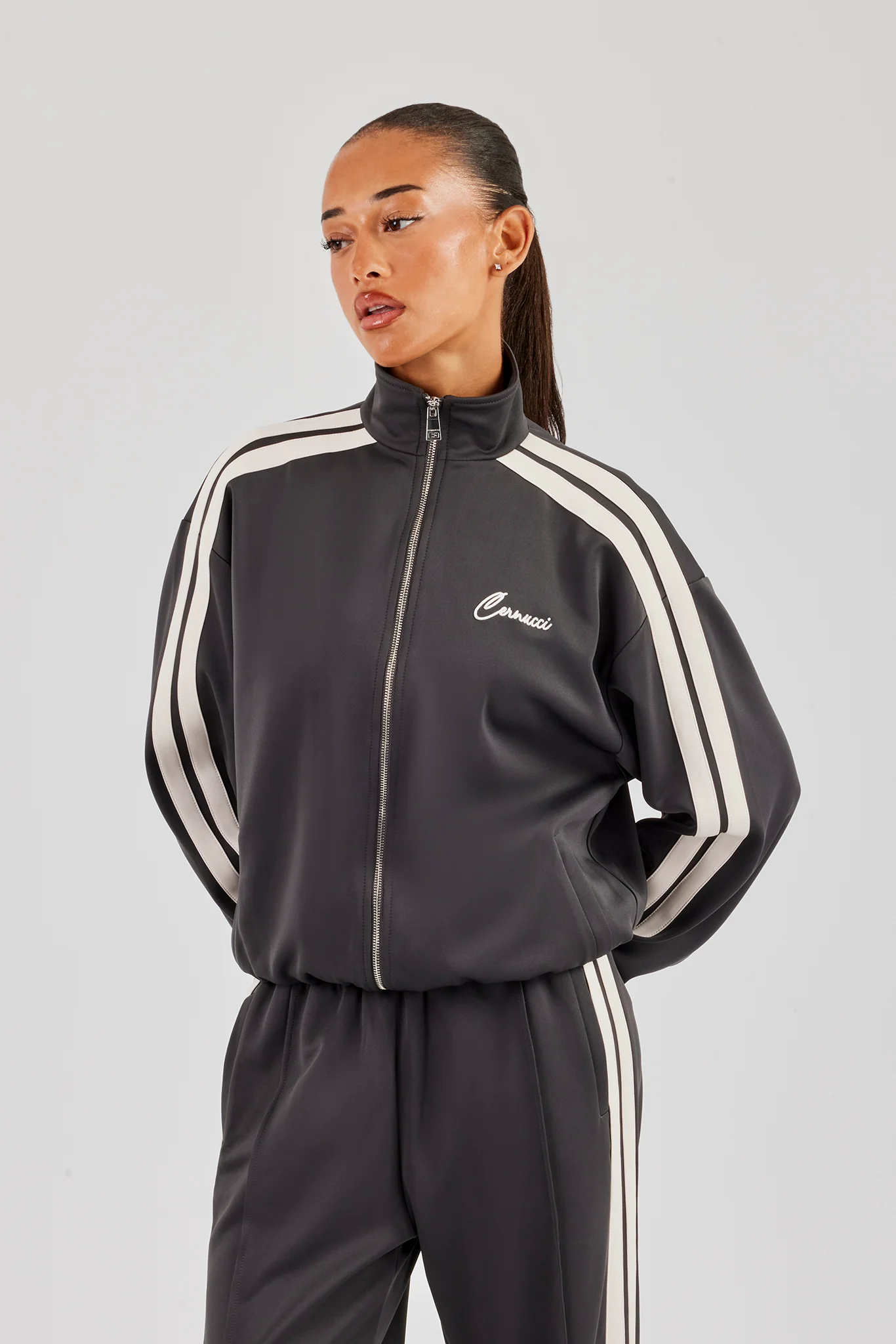 Funnel Neck Taping Zip Through Track Jacket - Charcoal