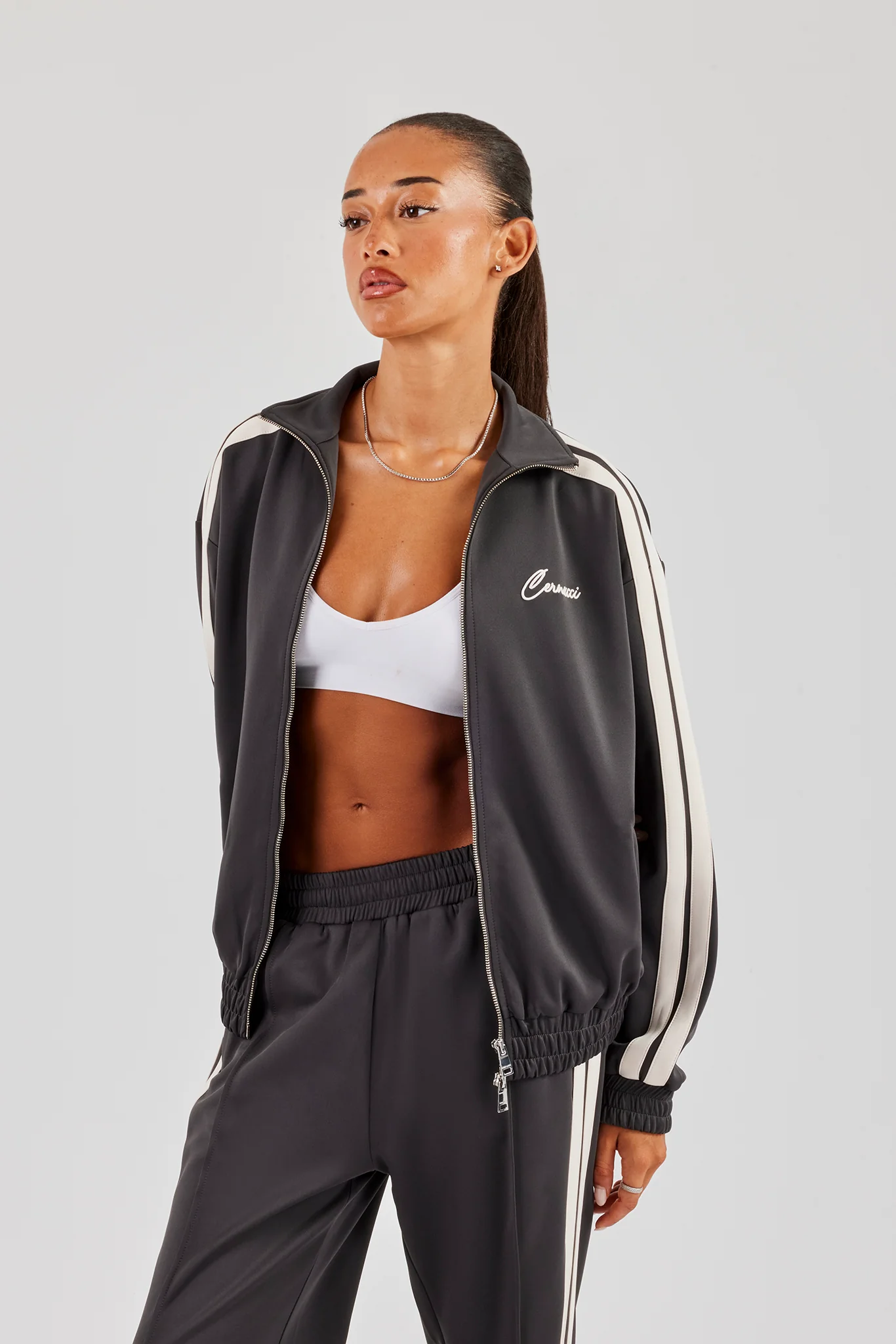 Funnel Neck Taping Zip Through Track Jacket - Charcoal - Image 2