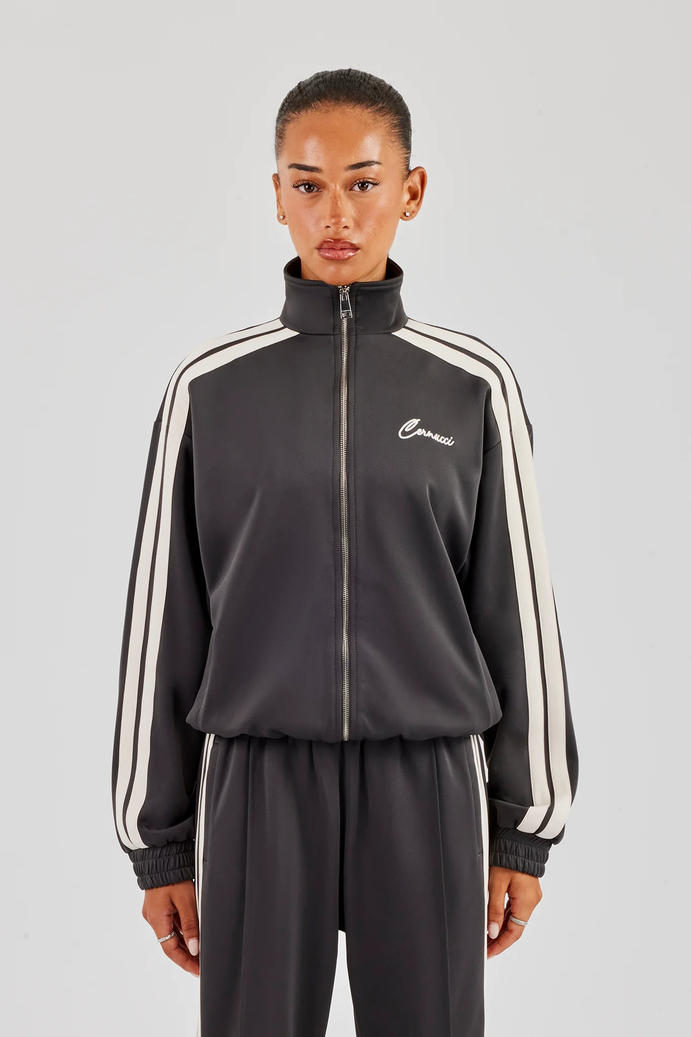 Funnel Neck Taping Zip Through Track Jacket - Charcoal - Image 3