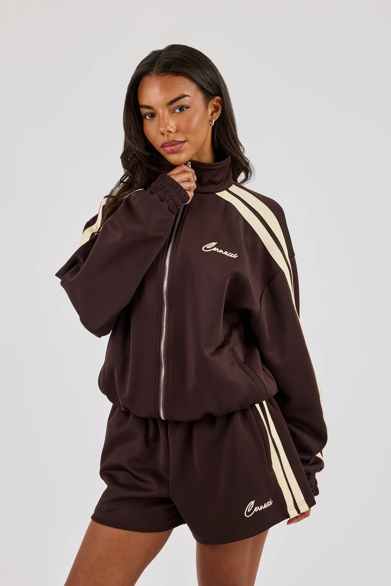 Funnel Neck Butter Yellow Taping Zip Through Track Jacket - Chocolate