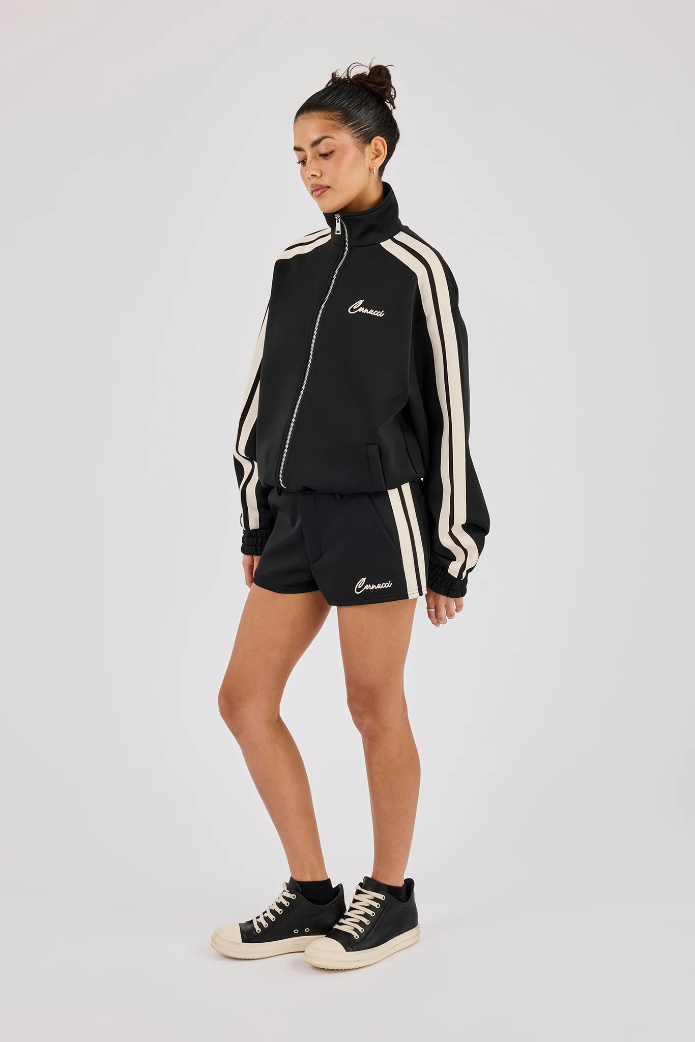 Funnel Neck Taping Zip Through Track Jacket & Micro Short - Black - Image 2