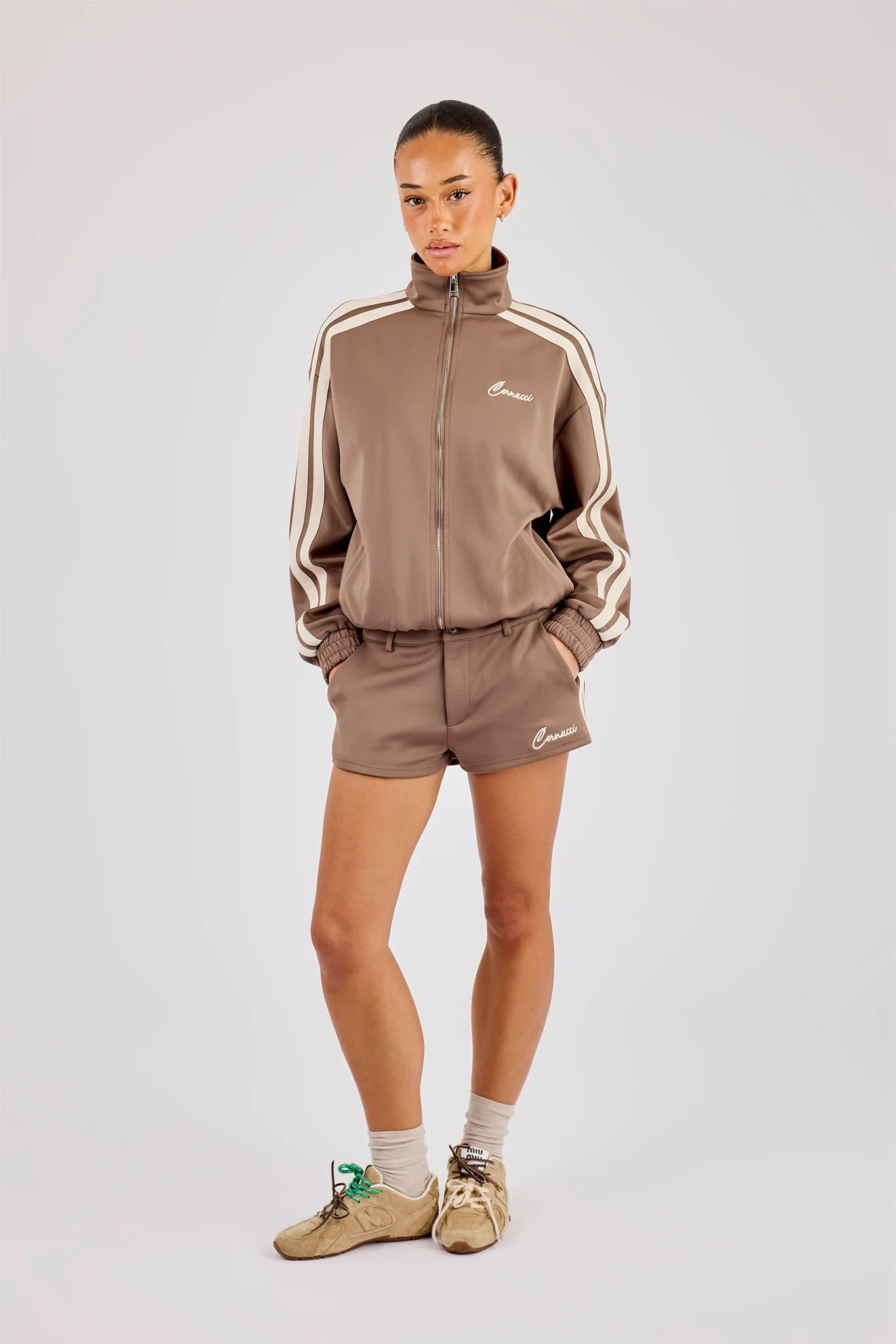Funnel Neck Taping Zip Through Track Jacket & Micro Short - Taupe