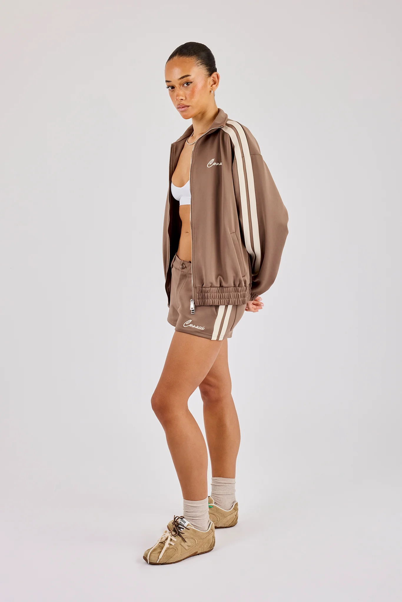Funnel Neck Taping Zip Through Track Jacket & Micro Short - Taupe - Image 2