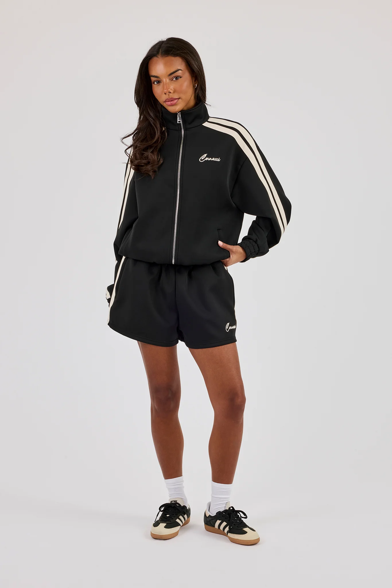 Funnel Neck Taping Zip Through Track Jacket & Short- Black