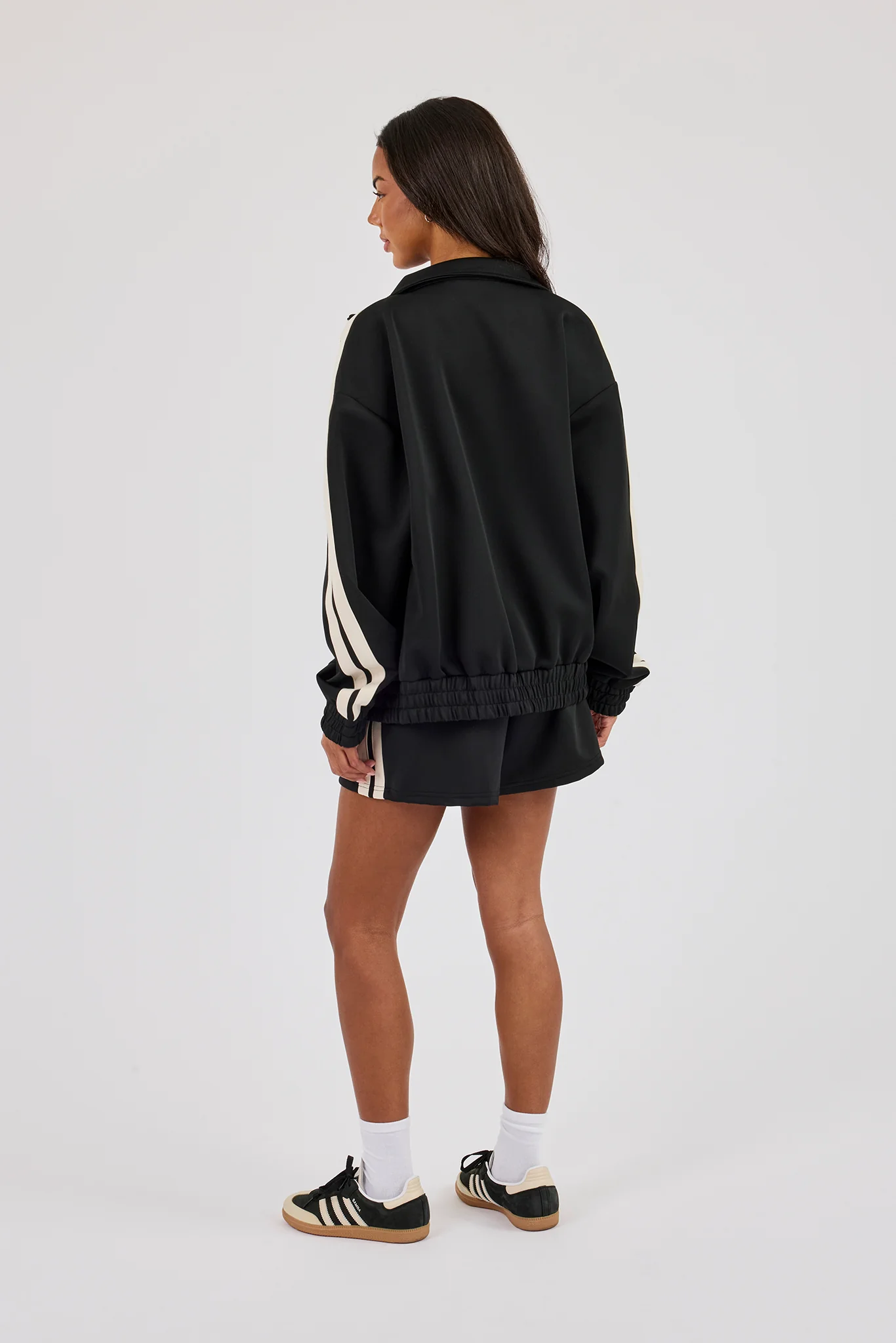 Funnel Neck Taping Zip Through Track Jacket & Short- Black - Image 3