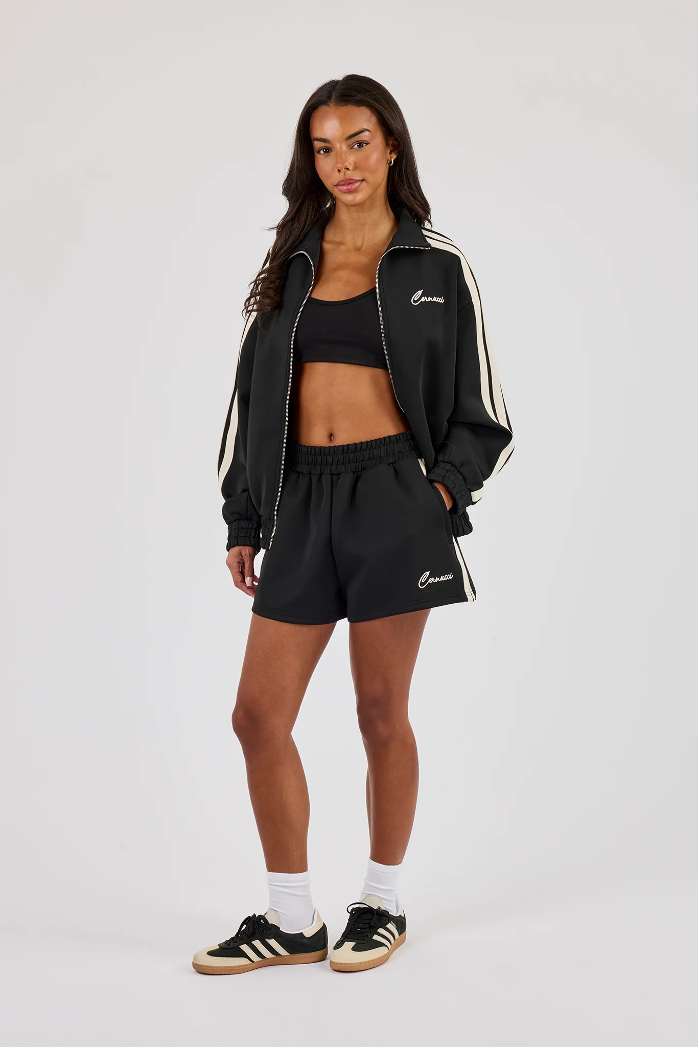 Funnel Neck Taping Zip Through Track Jacket & Short- Black - Image 4