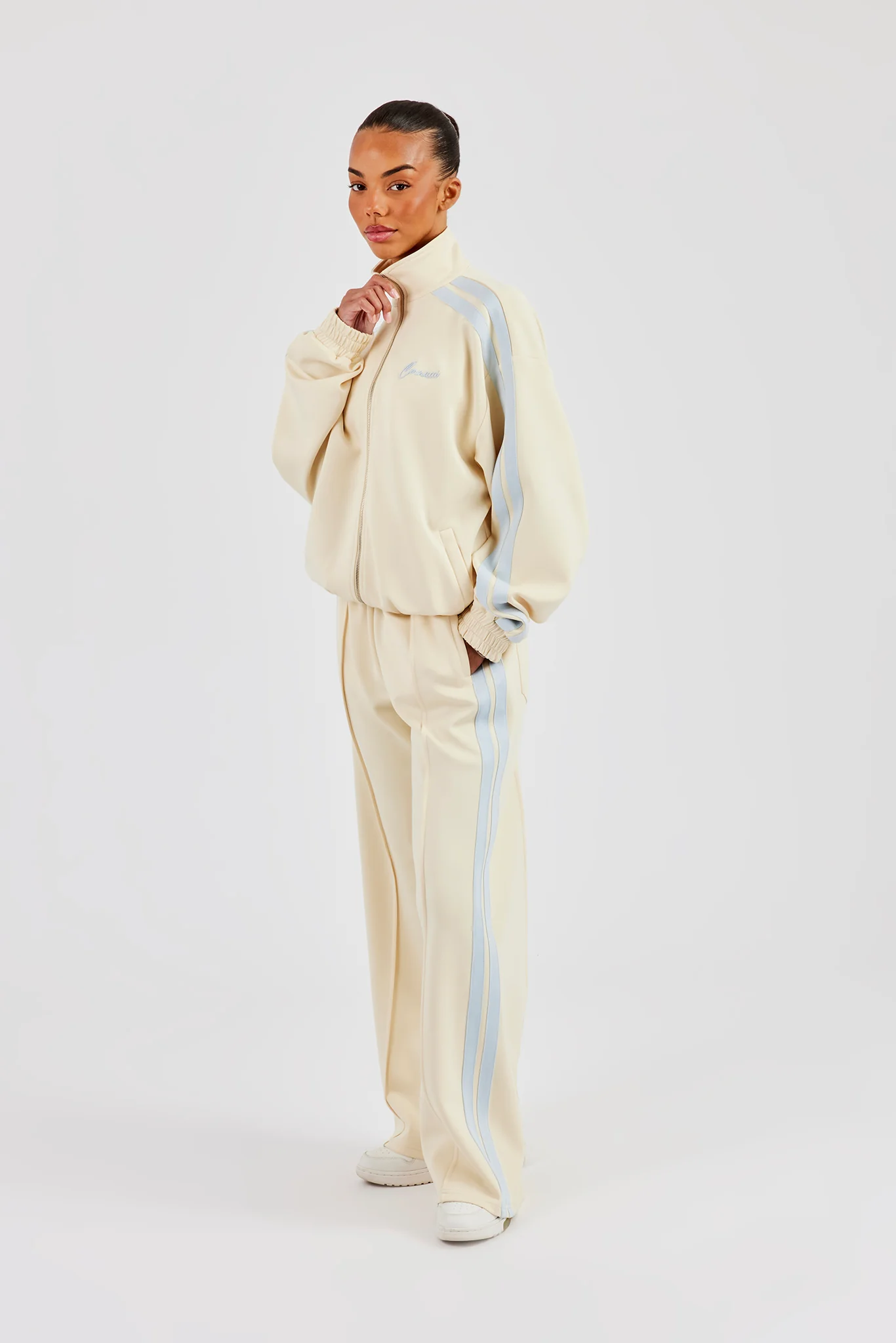 Funnel Neck Taping Zip Through Track Jacket & Wide Leg Pant - Butter Yellow - Image 4