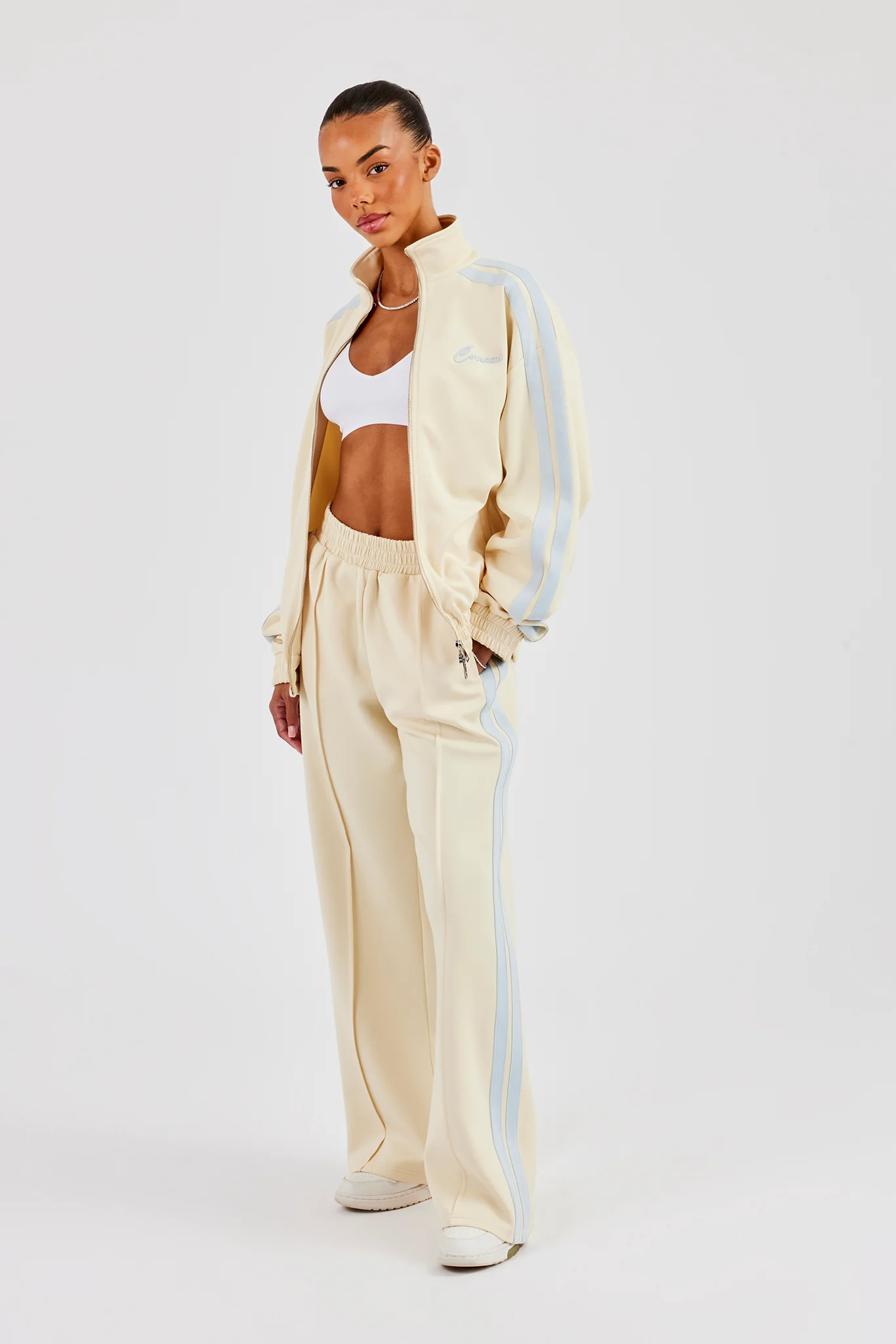 Funnel Neck Taping Zip Through Track Jacket & Wide Leg Pant - Butter Yellow - Image 5