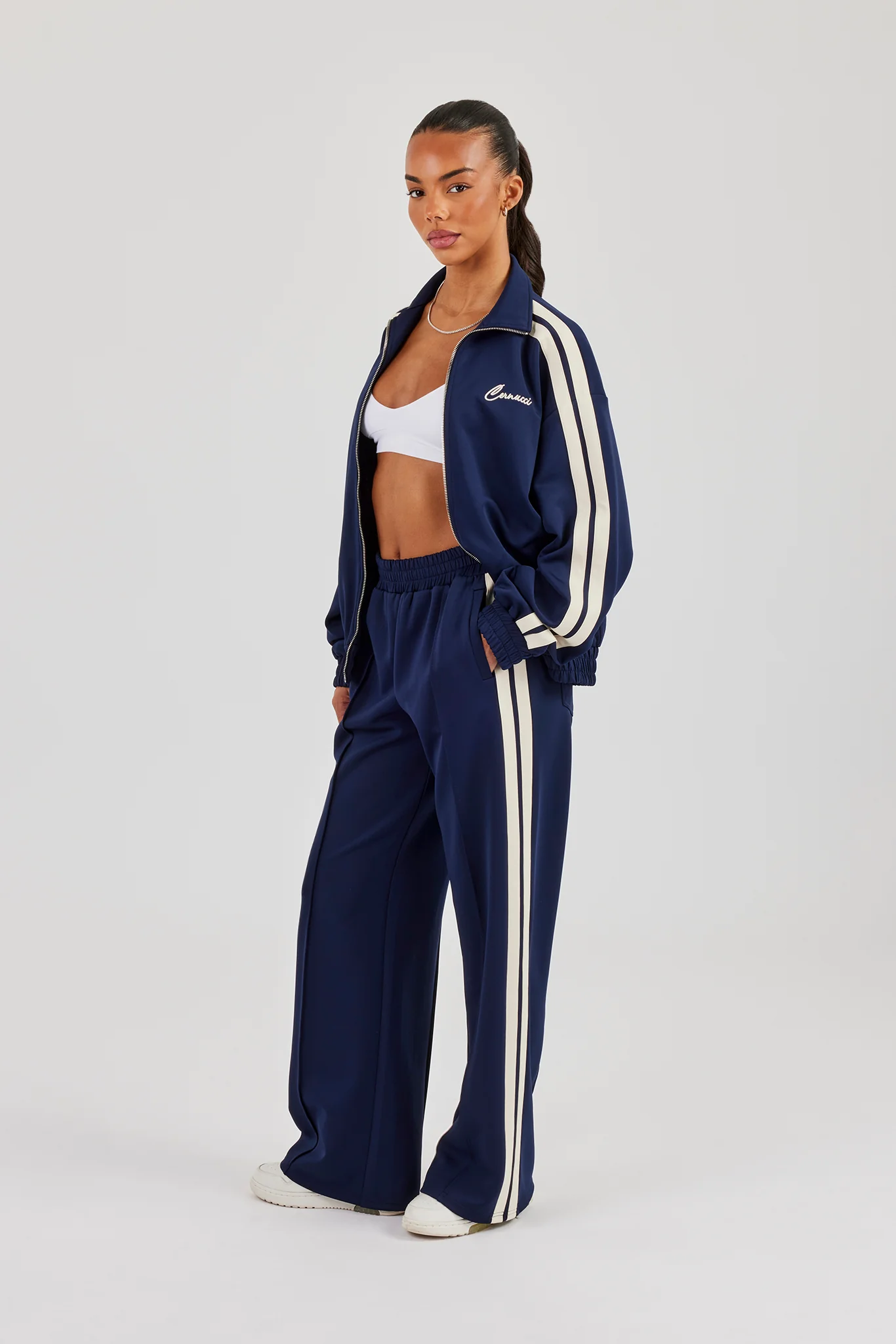 Funnel Neck Taping Zip Through Track Jacket - Navy Blue - Image 3
