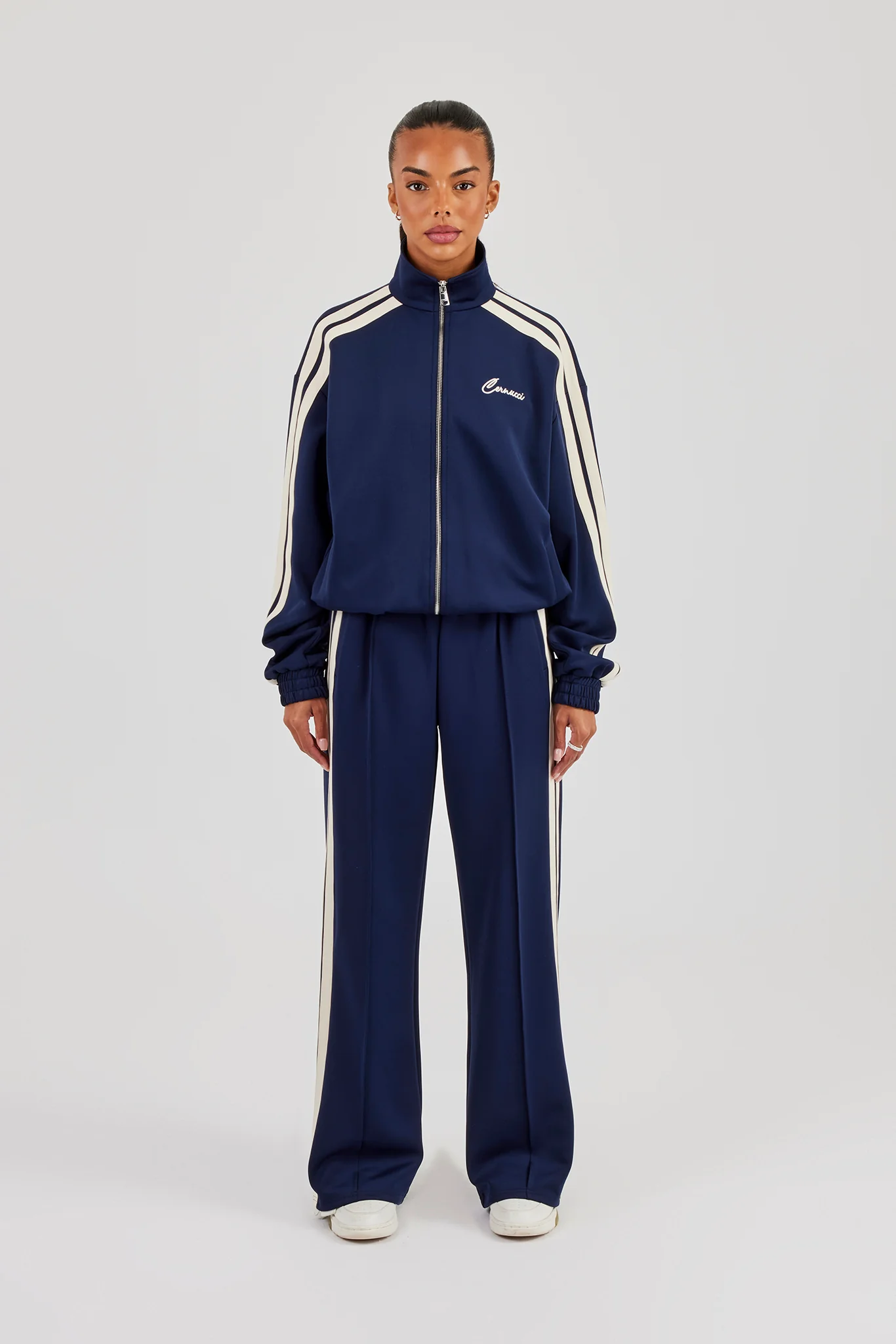 Funnel Neck Taping Zip Through Track Jacket & Wide Leg Pant - Navy Blue - Image 3