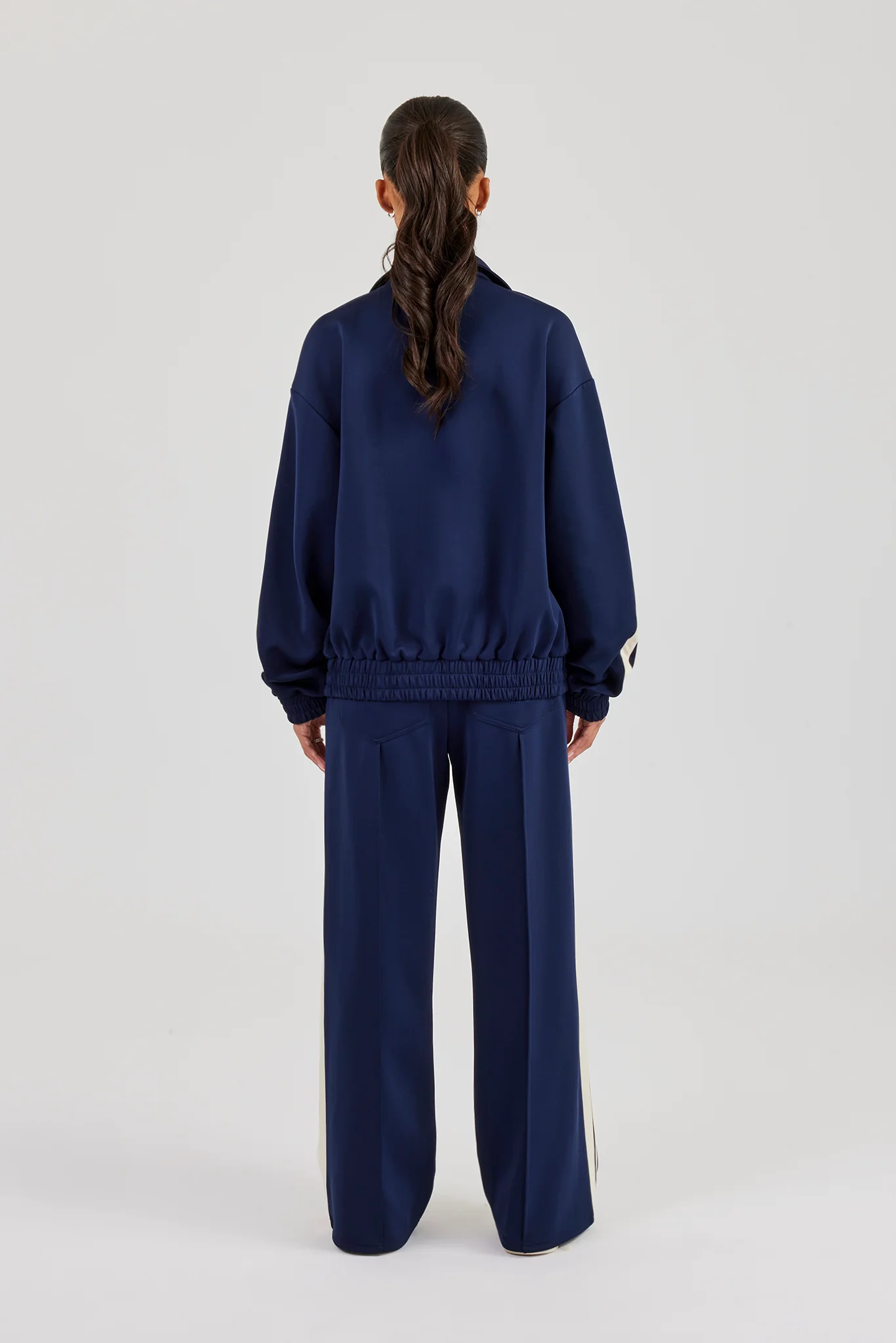 Funnel Neck Taping Zip Through Track Jacket & Wide Leg Pant - Navy Blue - Image 4