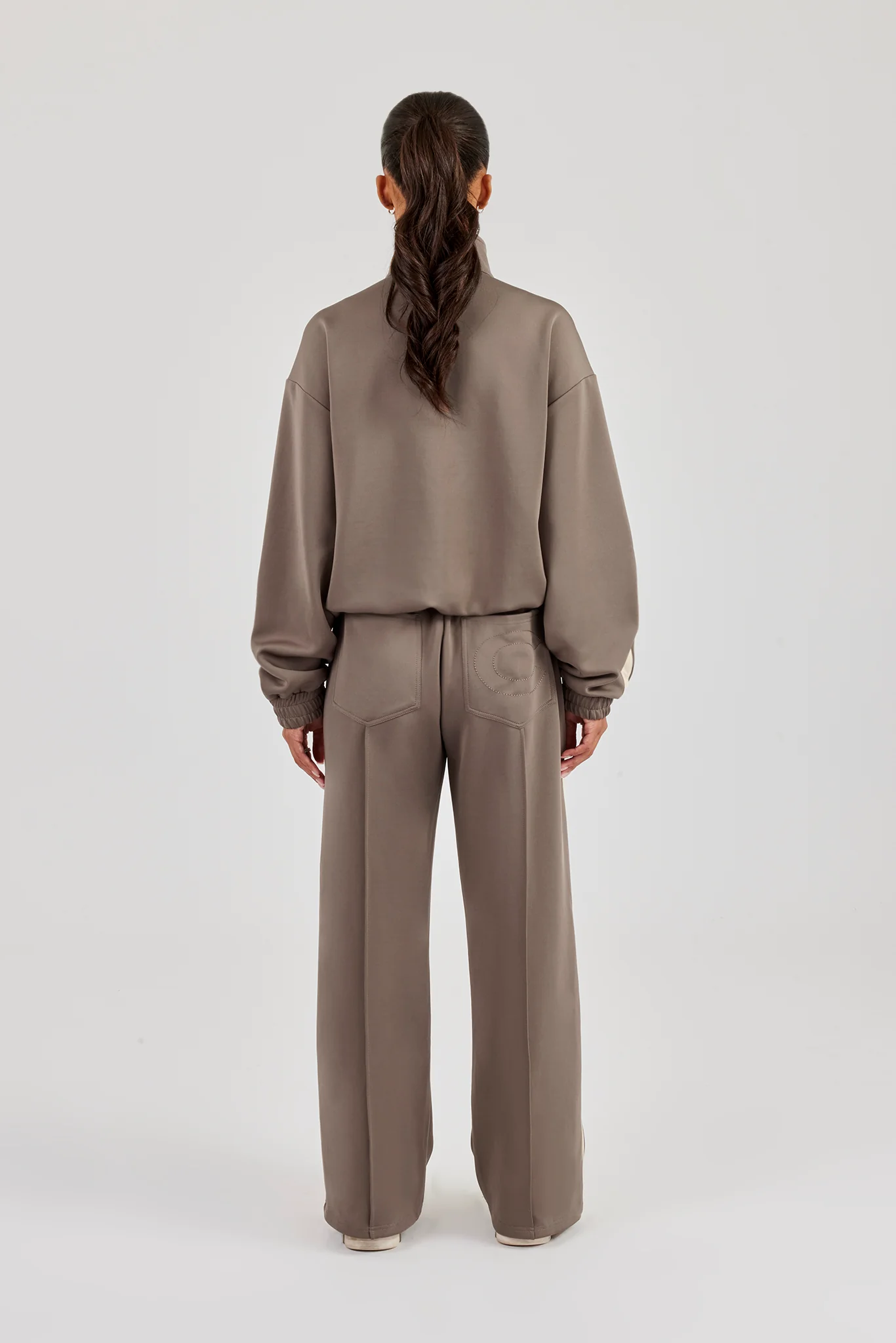 Funnel Neck Taping Zip Through Track Jacket & Wide Leg Pant - Taupe - Image 4