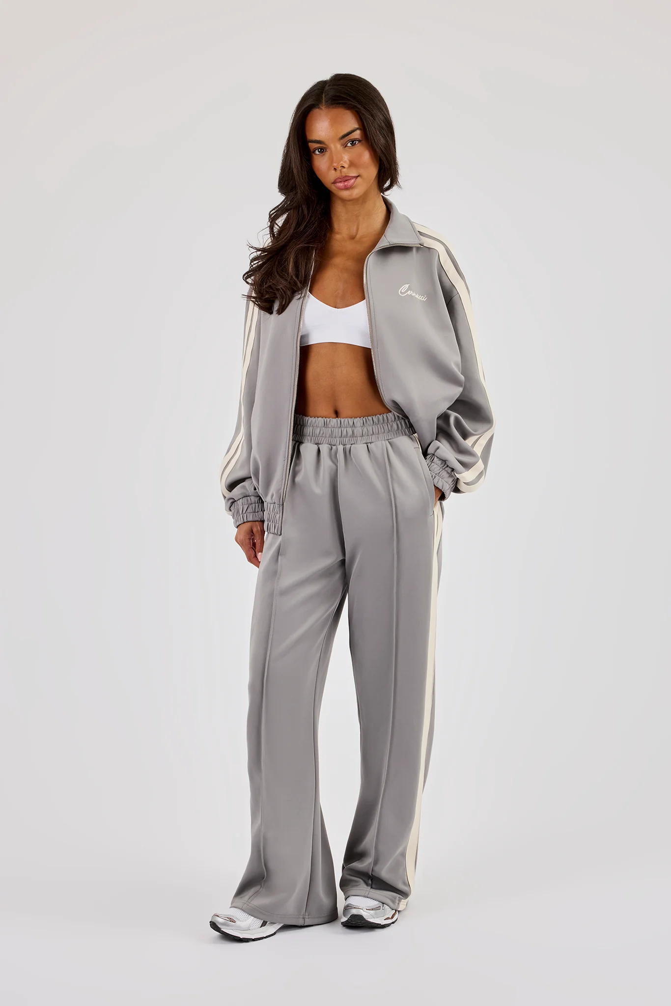 Funnel Neck Taping Zip Through Tracksuit - Grey - Image 4