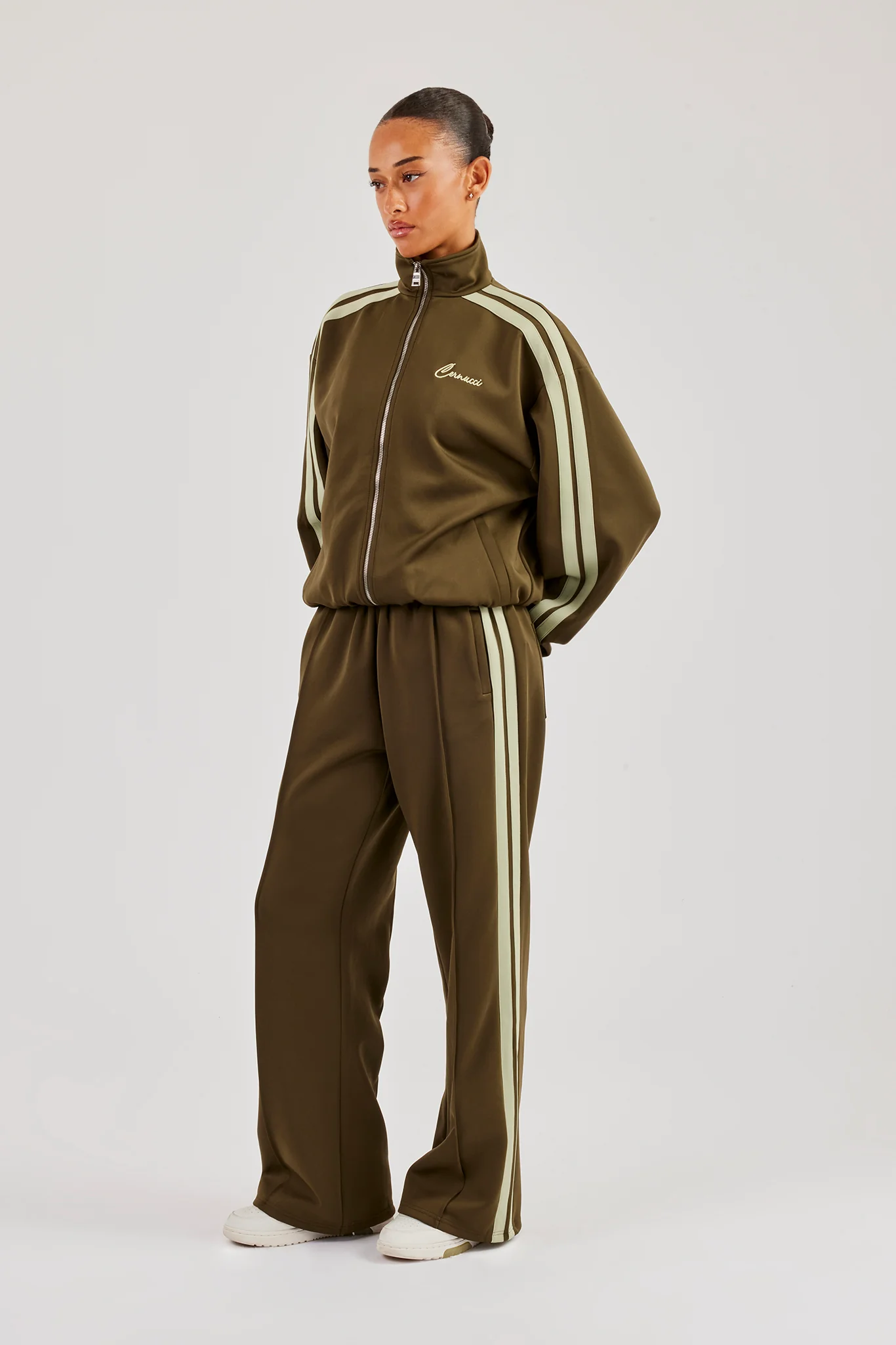Funnel Neck Taping Zip Through Tracksuit - Khaki - Image 2