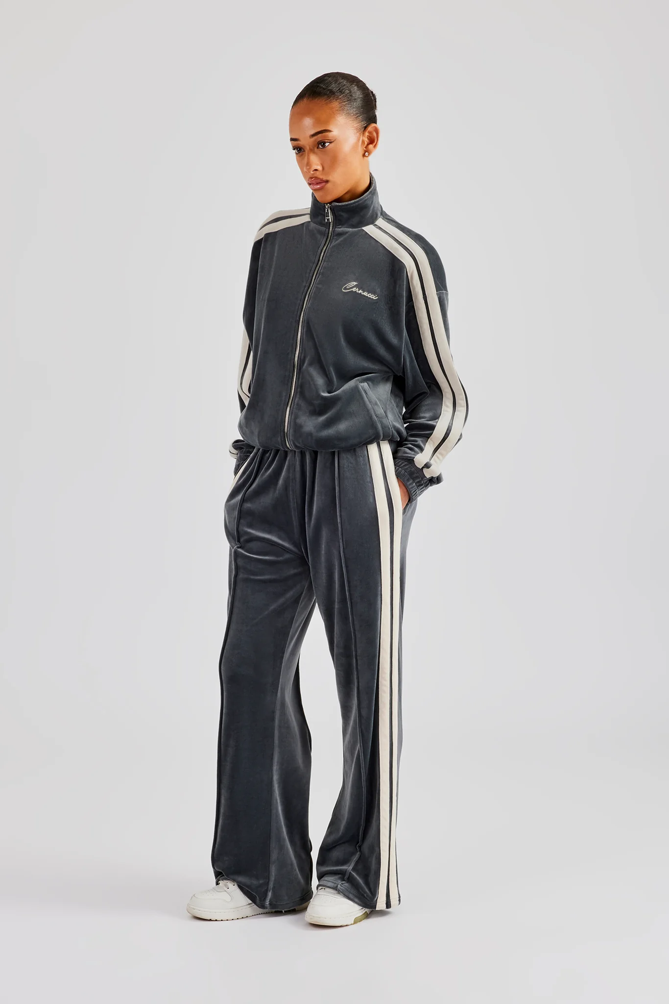 Funnel Neck Taping Zip Through Velour Track Jacket - Grey - Image 2