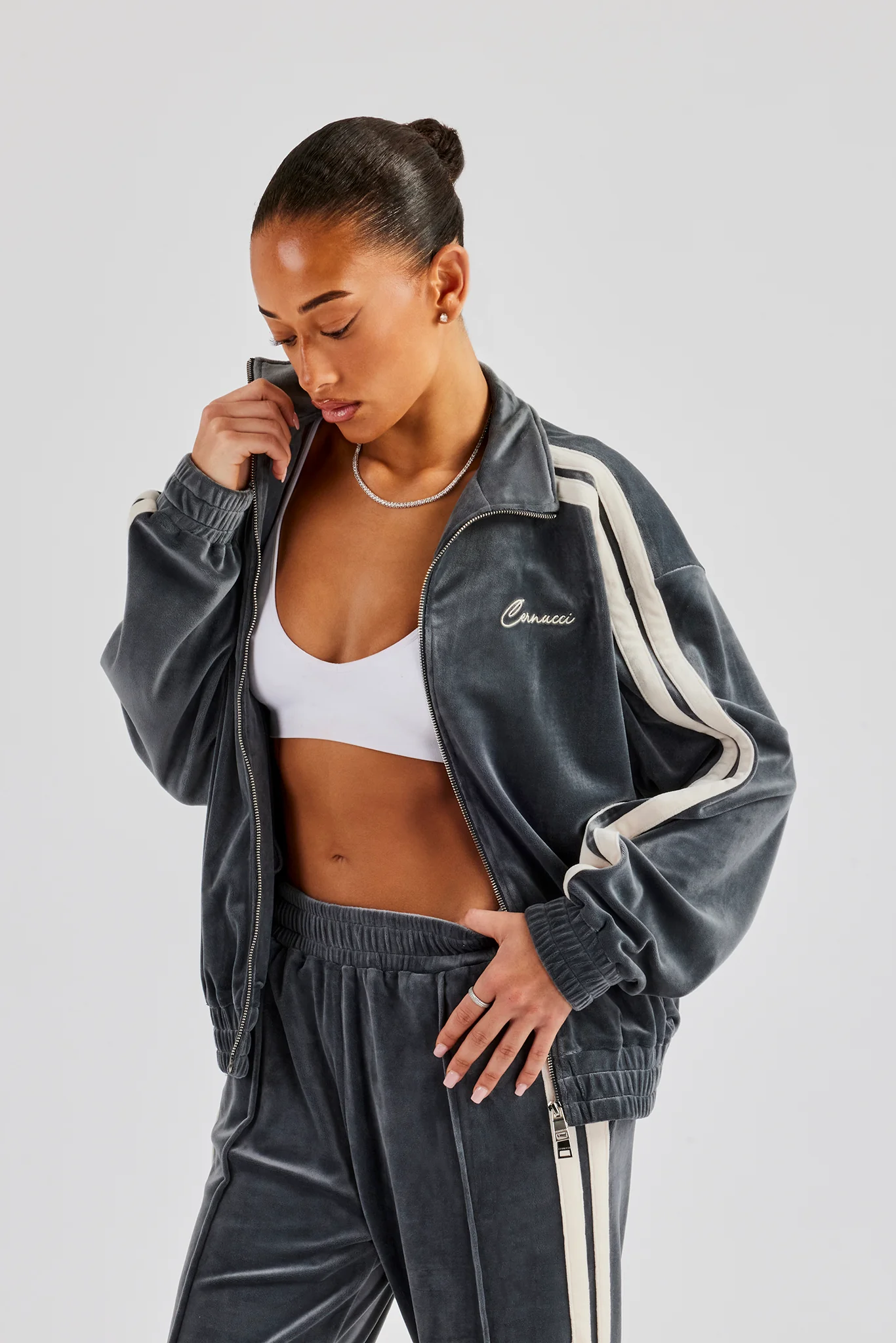Funnel Neck Taping Zip Through Velour Track Jacket - Grey - Image 6