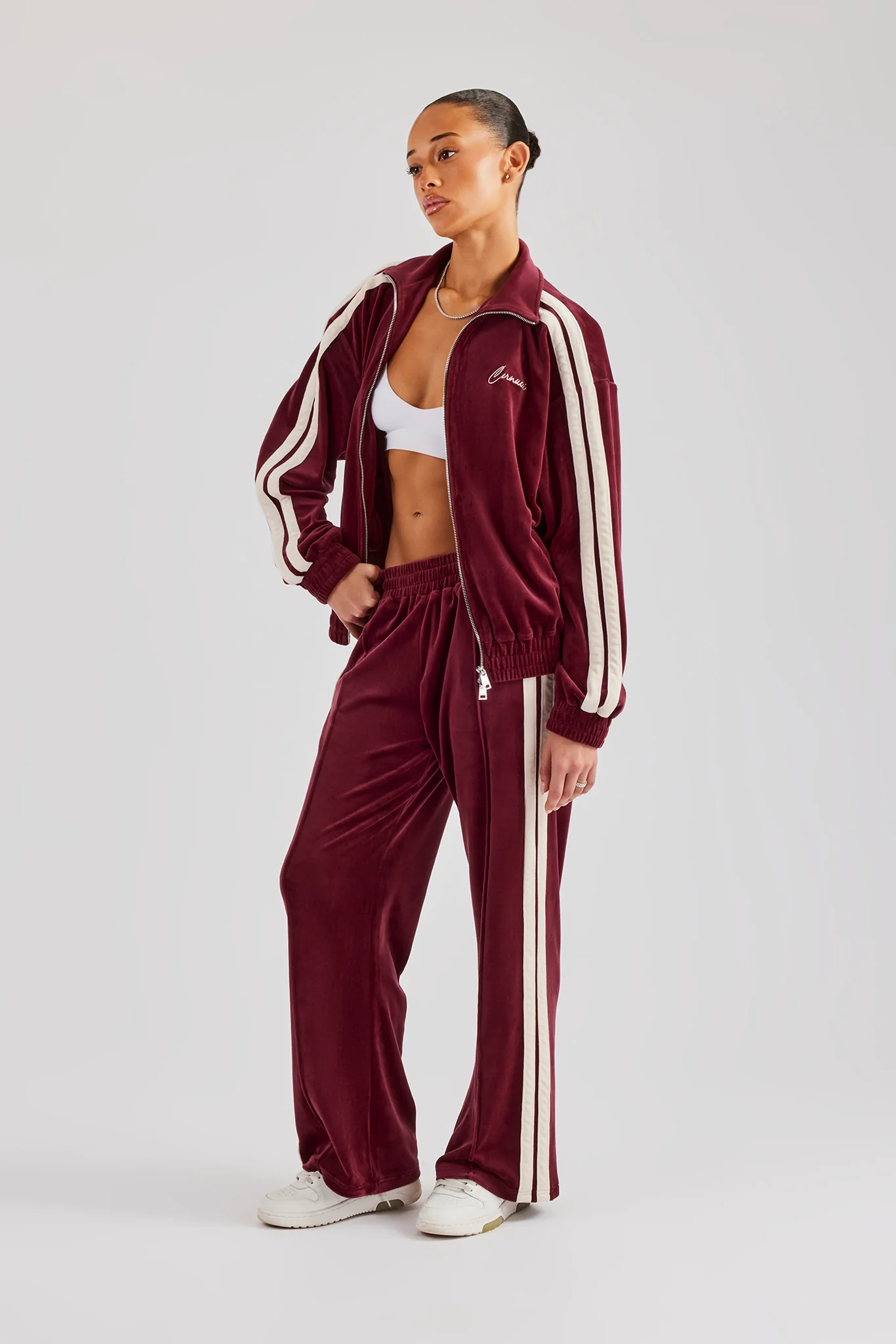 Funnel Neck Taping Zip Through Velour Tracksuit - Burgundy - Image 2