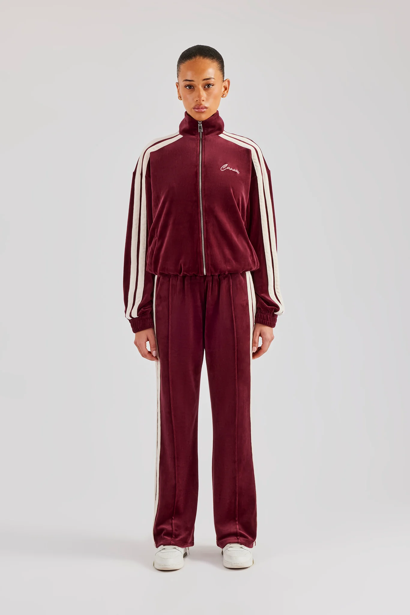 Funnel Neck Taping Zip Through Velour Tracksuit - Burgundy - Image 3