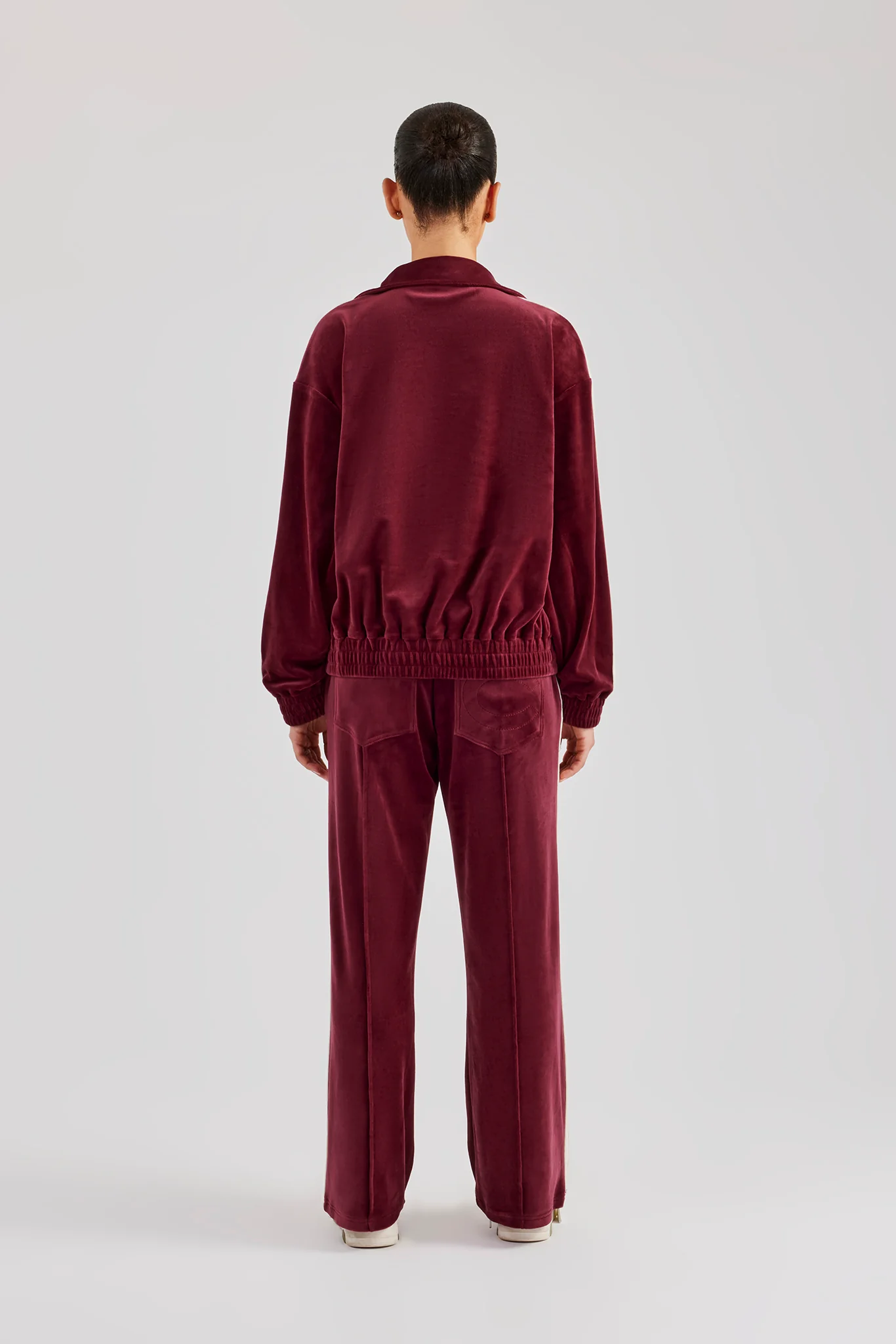 Funnel Neck Taping Zip Through Velour Tracksuit - Burgundy - Image 4