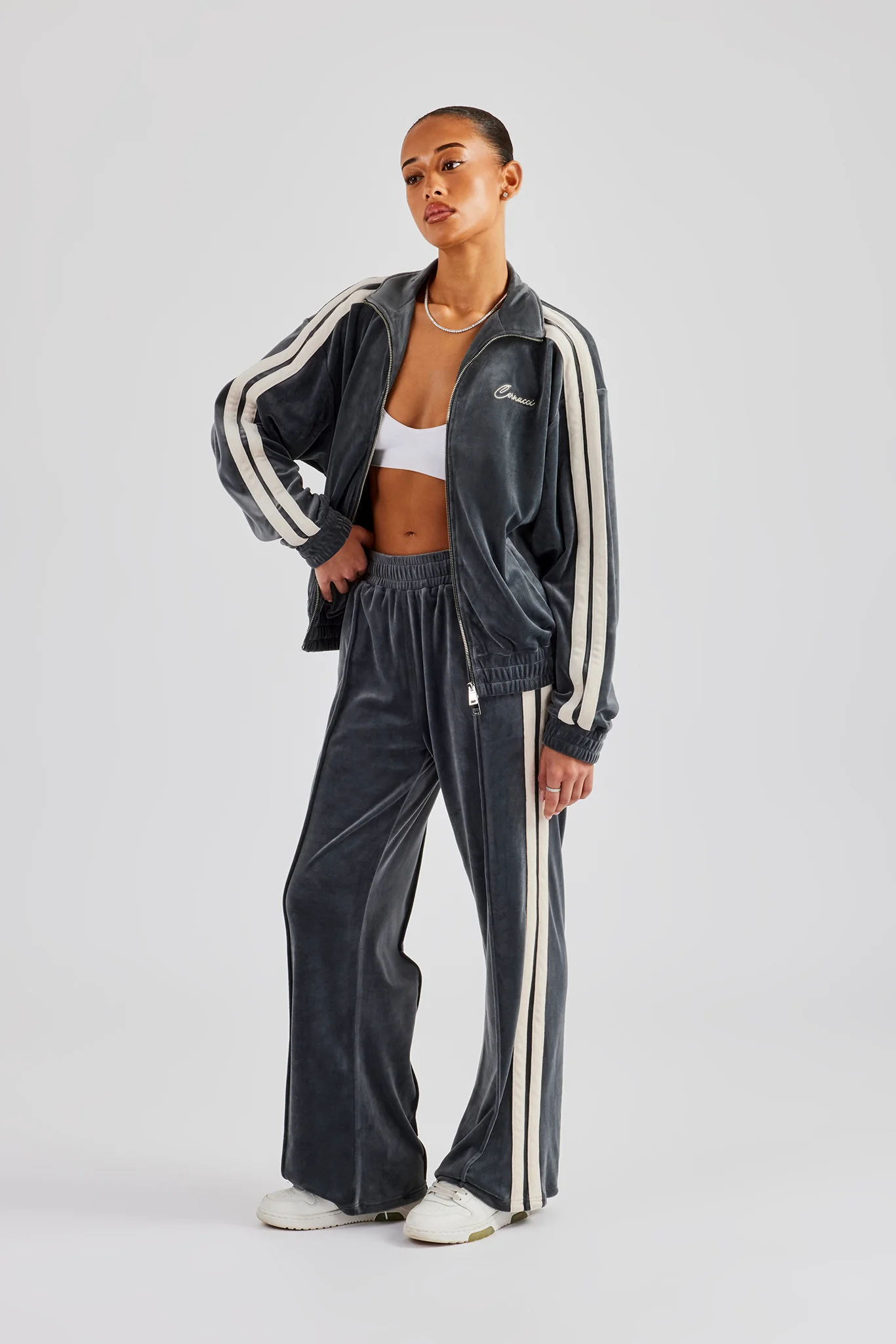 Funnel Neck Taping Zip Through Velour Tracksuit - Grey - Image 2