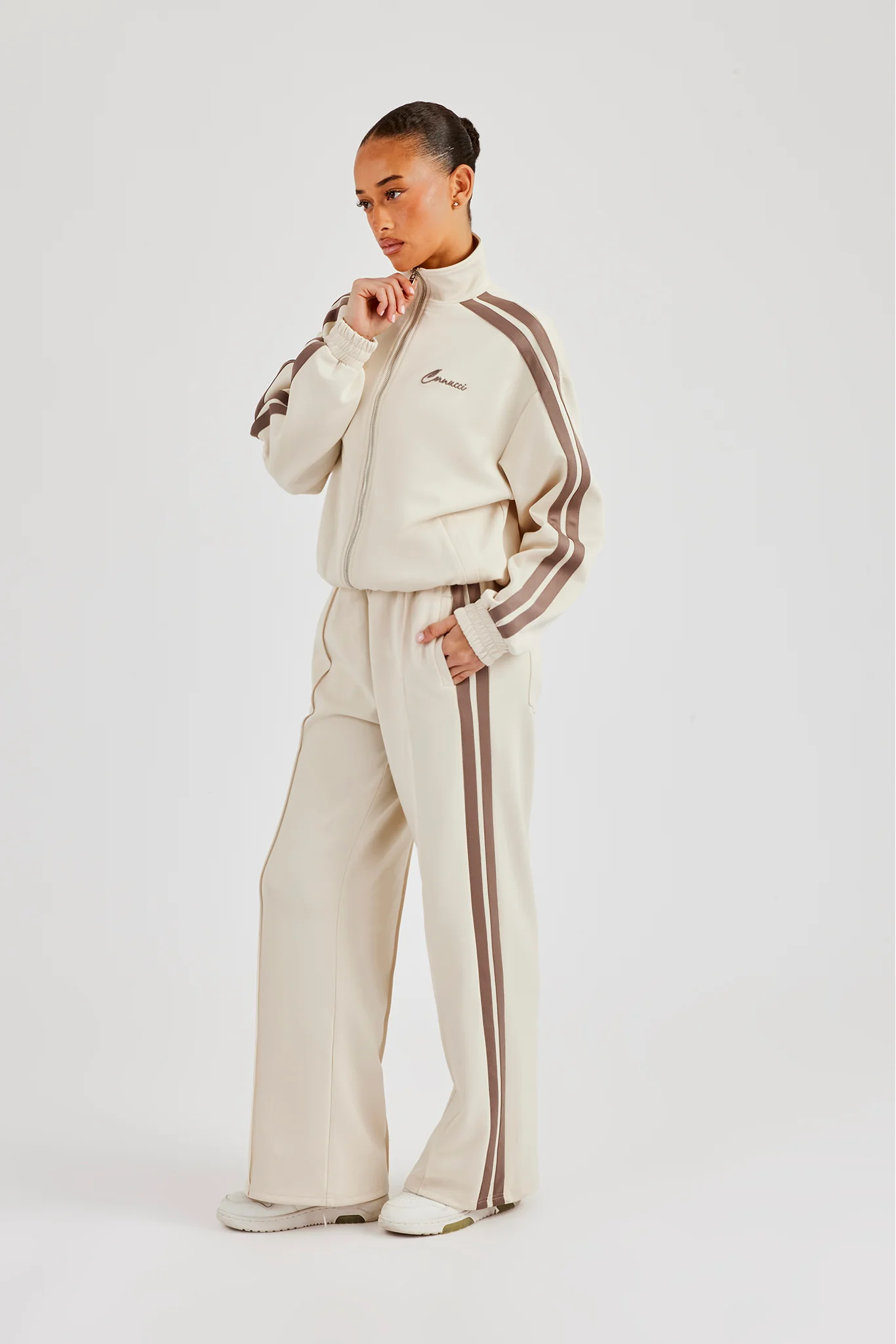 Funnel Neck Taupe Taping Zip Through Jacket - Off White - Image 5