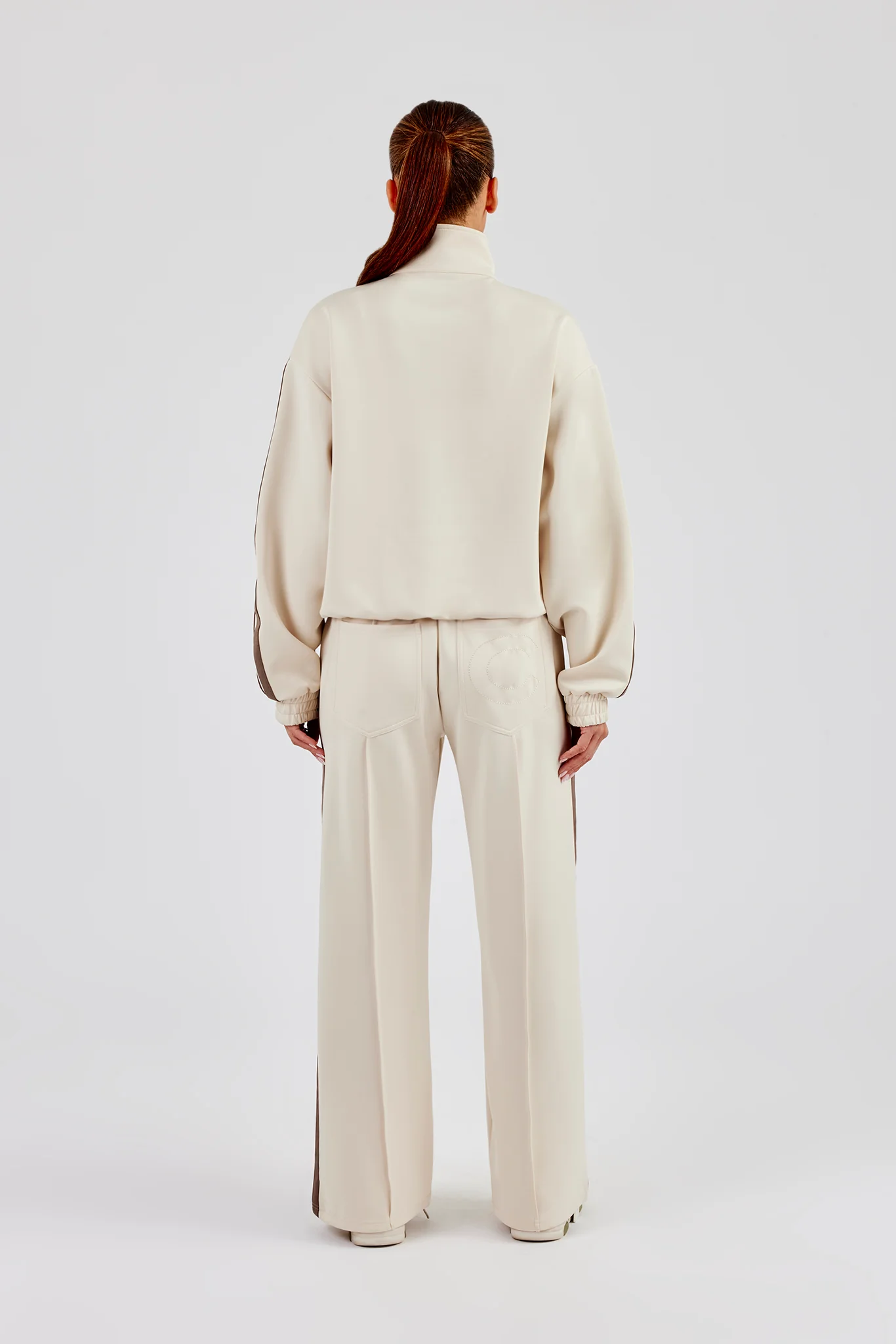 Funnel Neck Taupe Taping Zip Through Track Jacket & Wide Leg Pant - Off White - Image 3