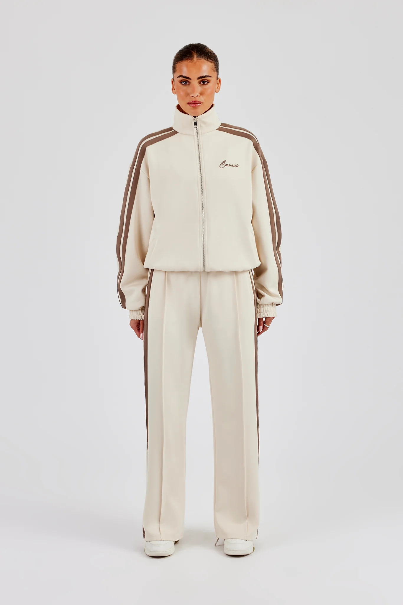 Funnel Neck Taupe Taping Zip Through Track Jacket & Wide Leg Pant - Off White - Image 4