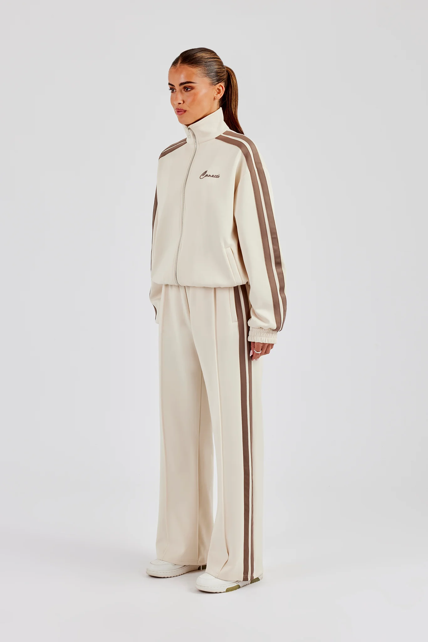 Funnel Neck Taupe Taping Zip Through Track Jacket & Wide Leg Pant - Off White - Image 5